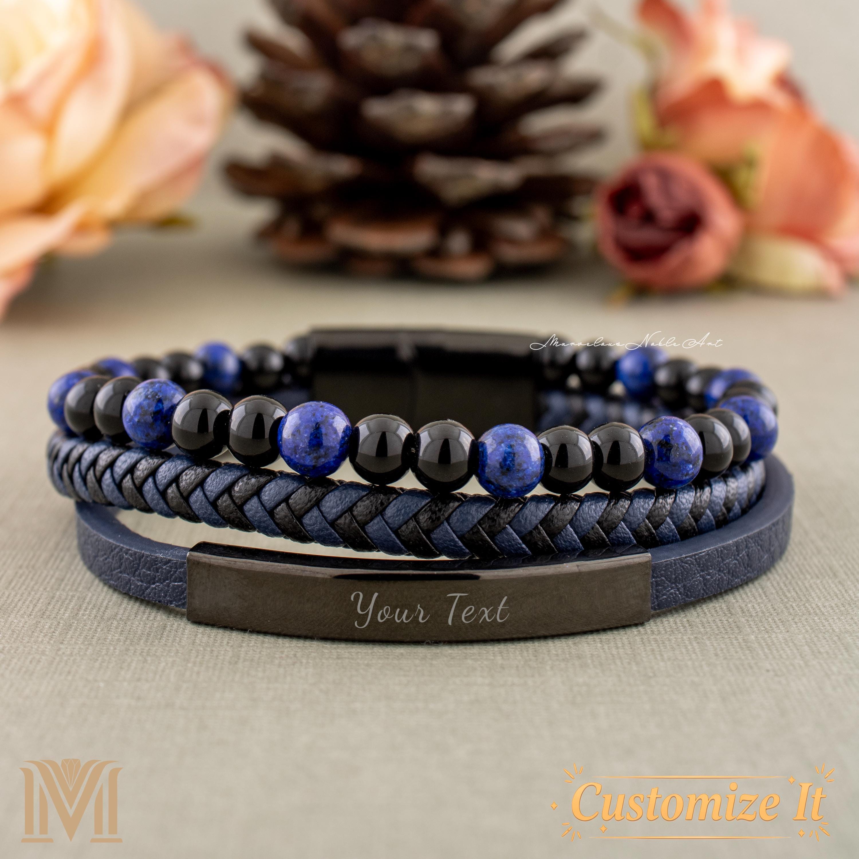 Personalized lapis lazuli leather bracelet for men