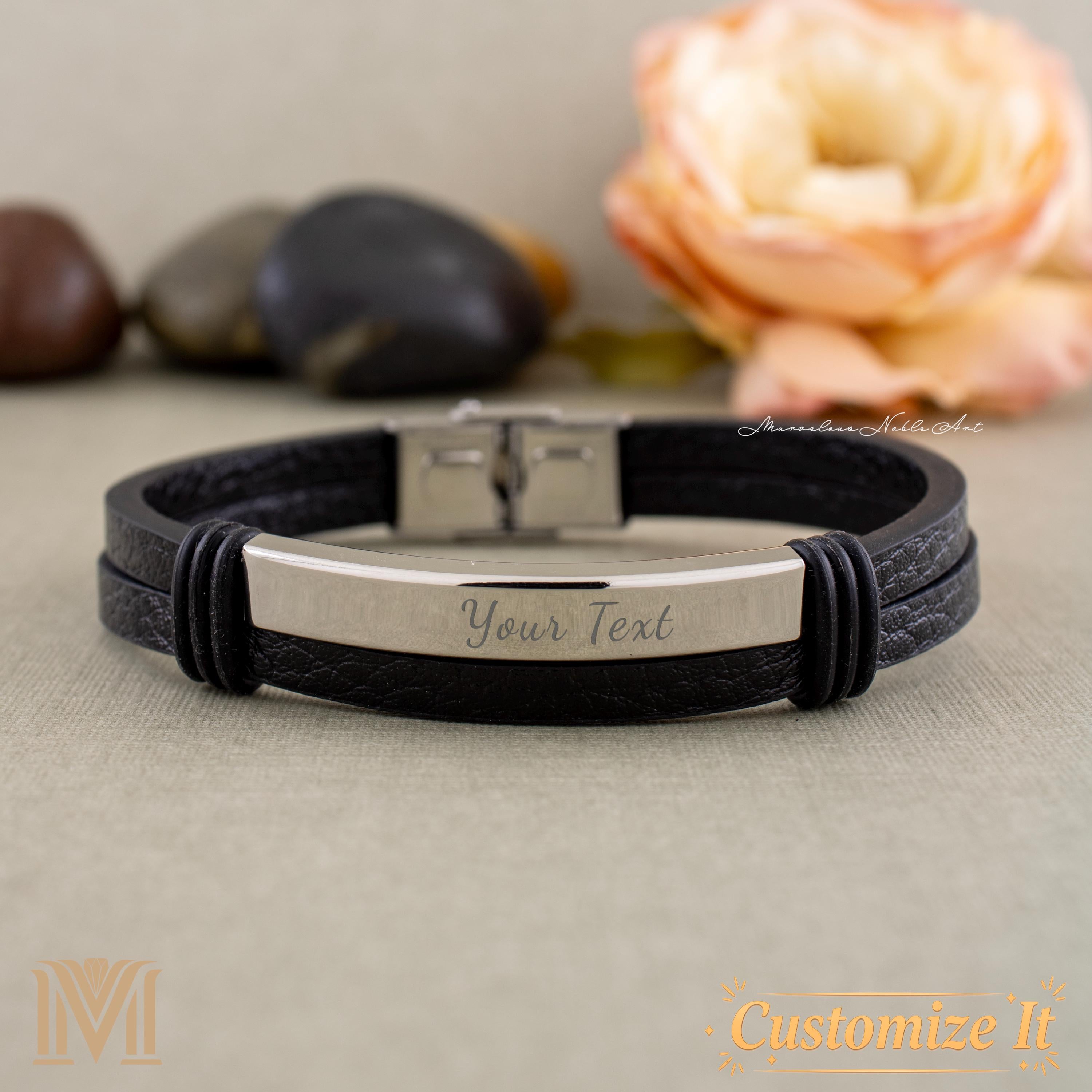 Personalized black leather bracelet with stainless steel plate