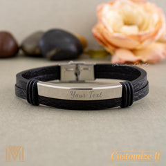 Personalized black leather bracelet with stainless steel plate