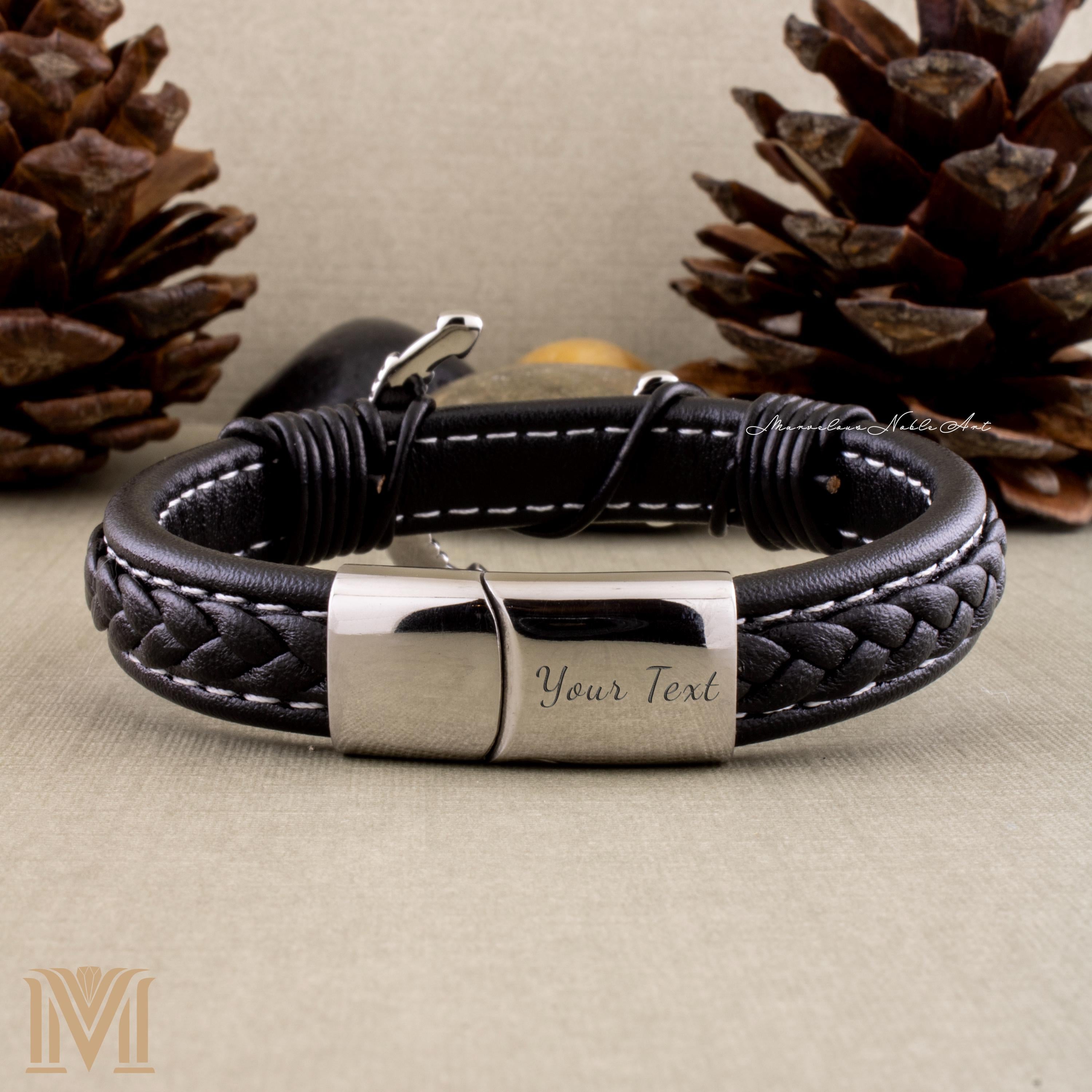 Stainless steel magnetic clasp on personalized leather bracelet