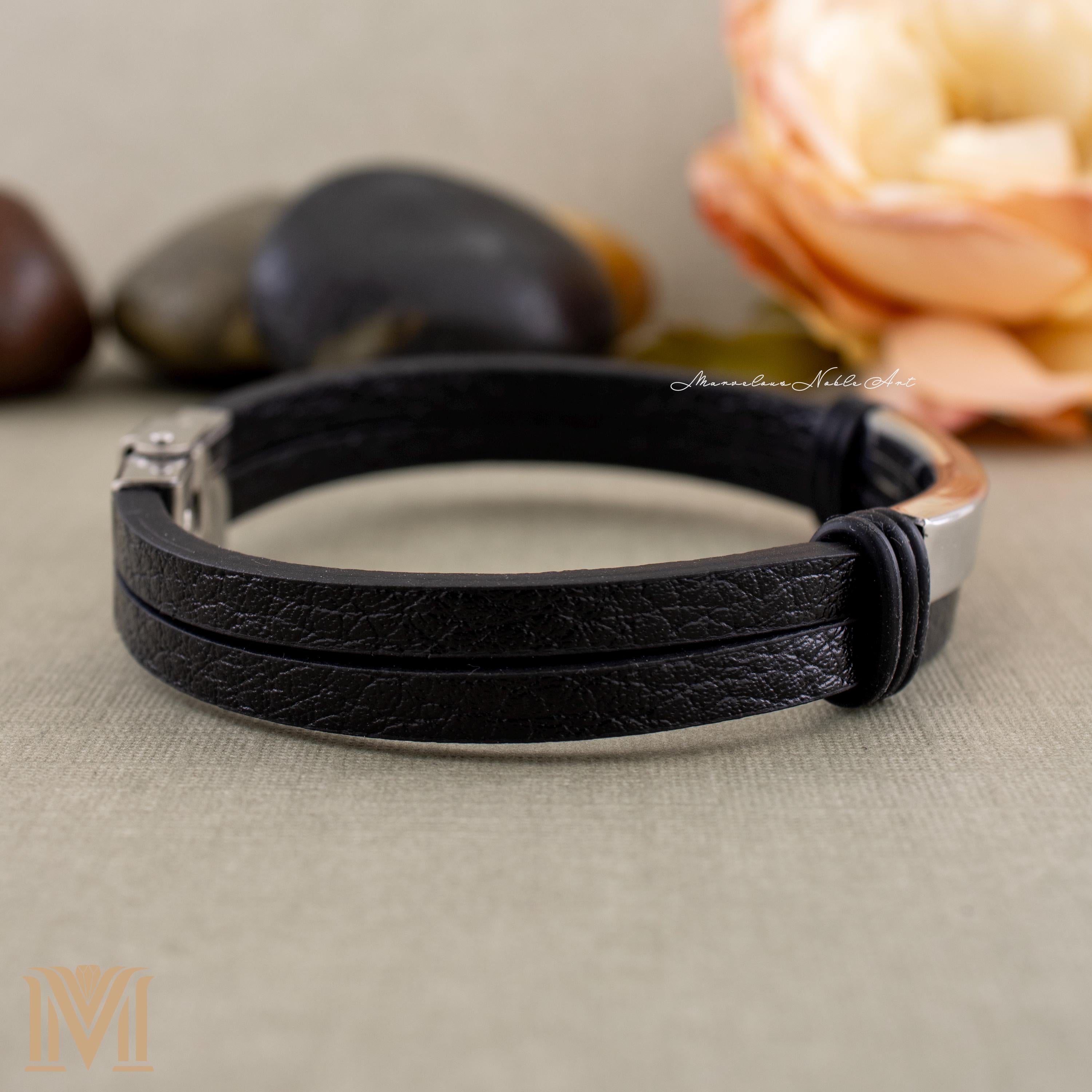 Black leather bracelet side view