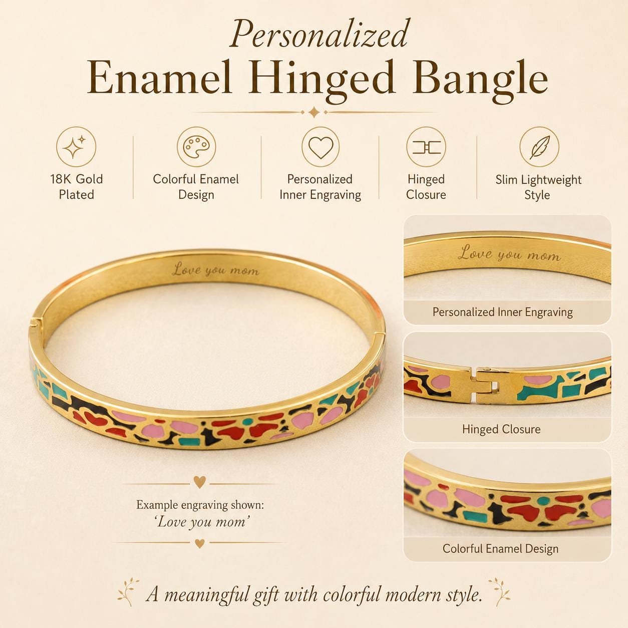 Close-up engraved enamel bangle on wrist