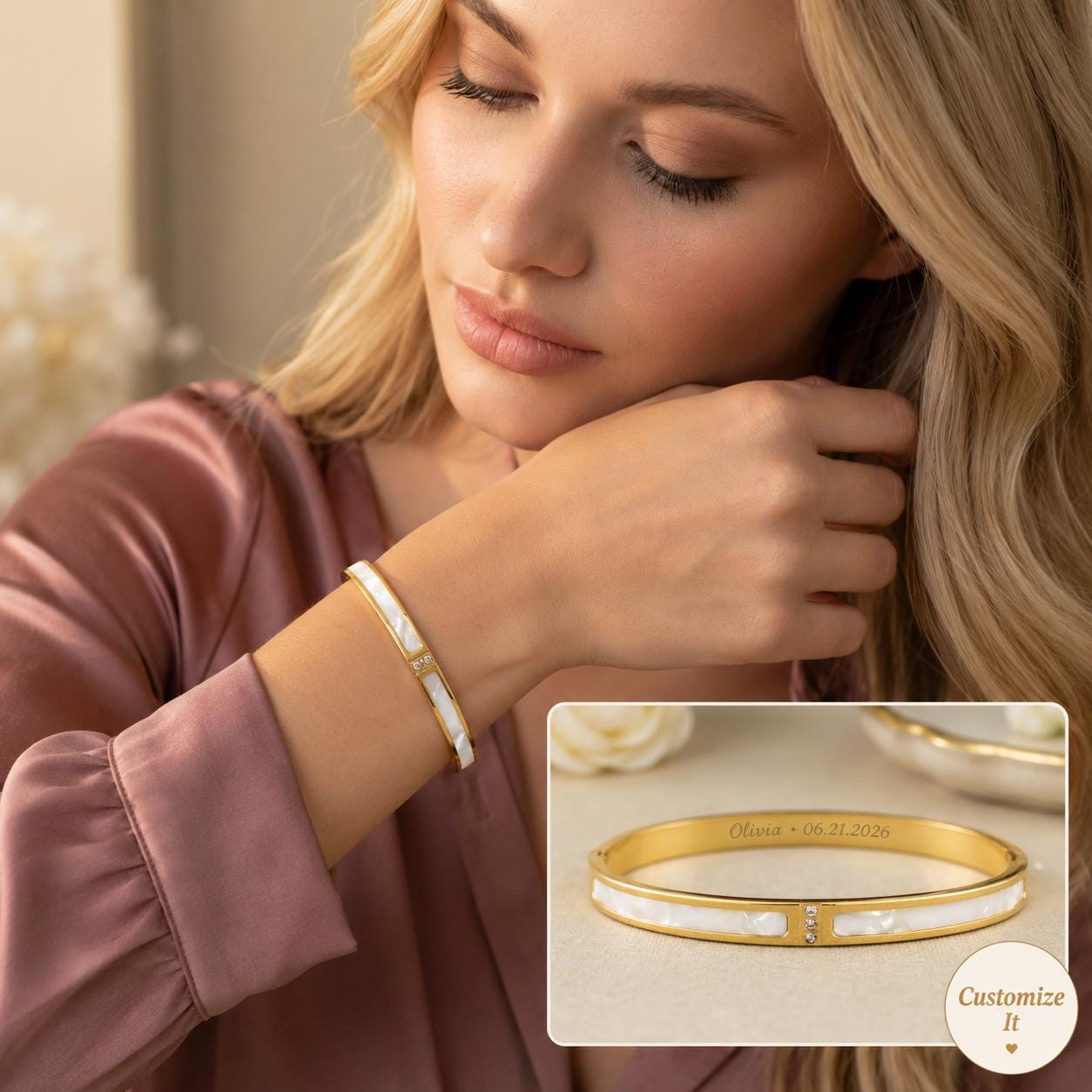 Model wearing 18K gold plated mother of pearl bracelet