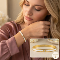 Model wearing 18K gold plated mother of pearl bracelet