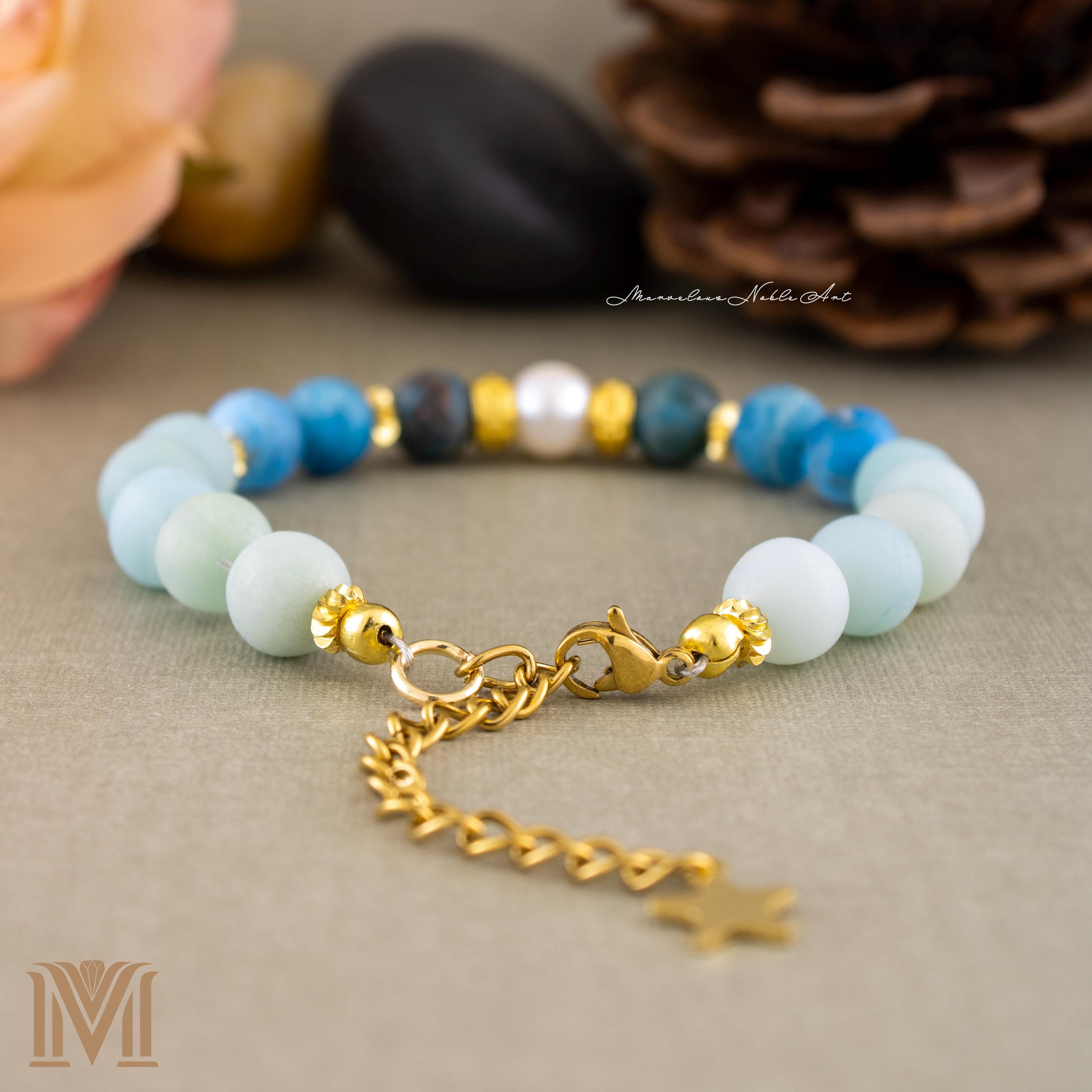 Apatite Amazonite Pearl bracelet overhead view