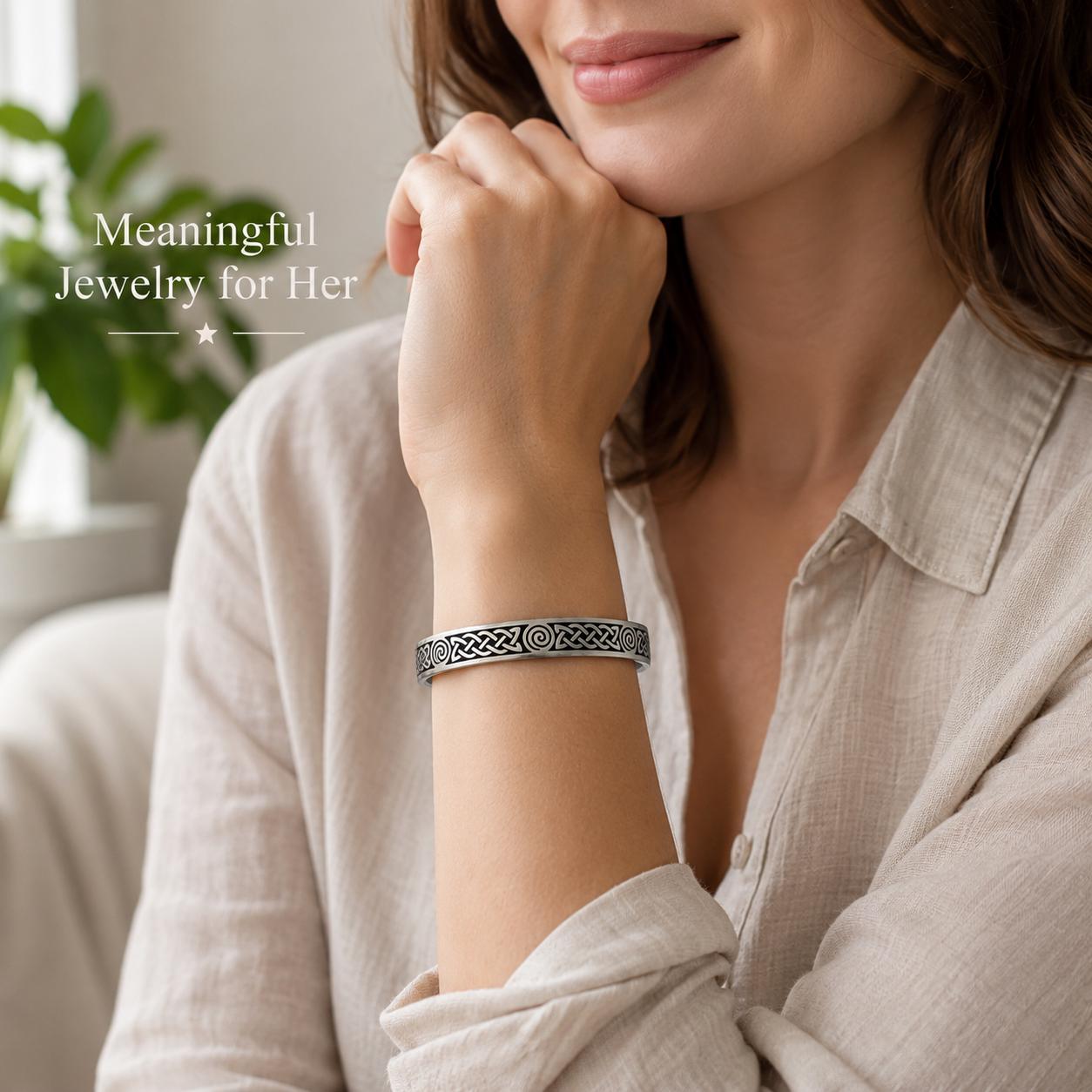 Woman wearing silver Celtic cuff