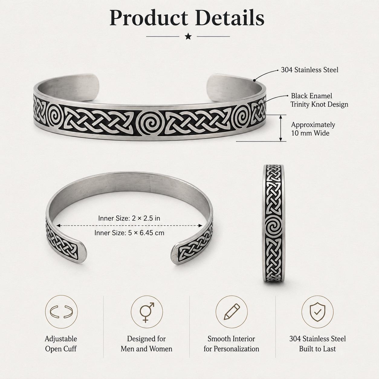 Celtic cuff size and material guide