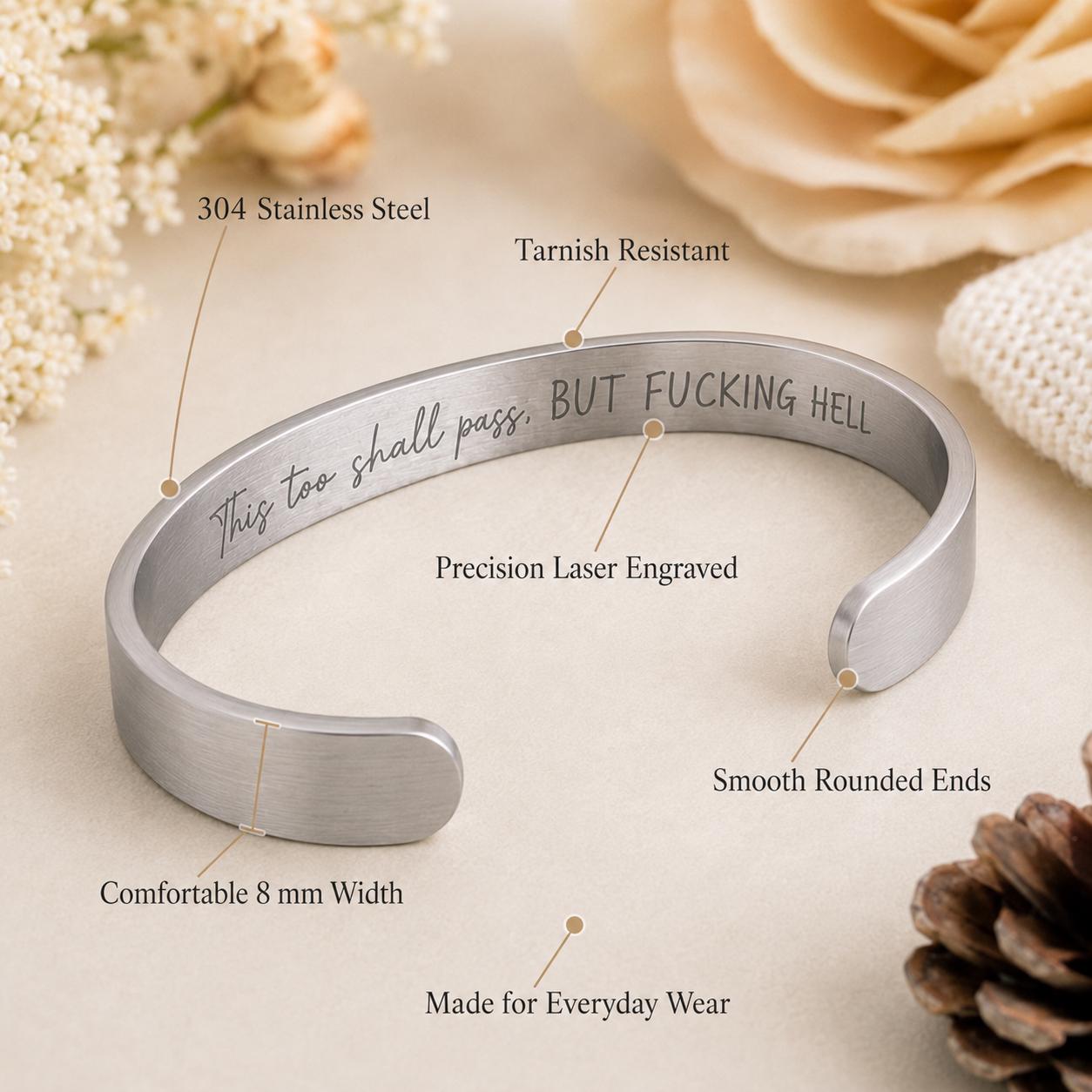 Adjustable silver cuff exterior and inside message