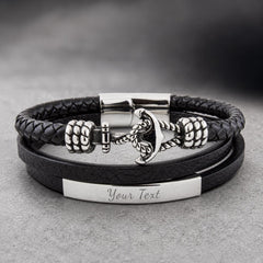 Personalized black leather bracelet with anchor charm and name plate