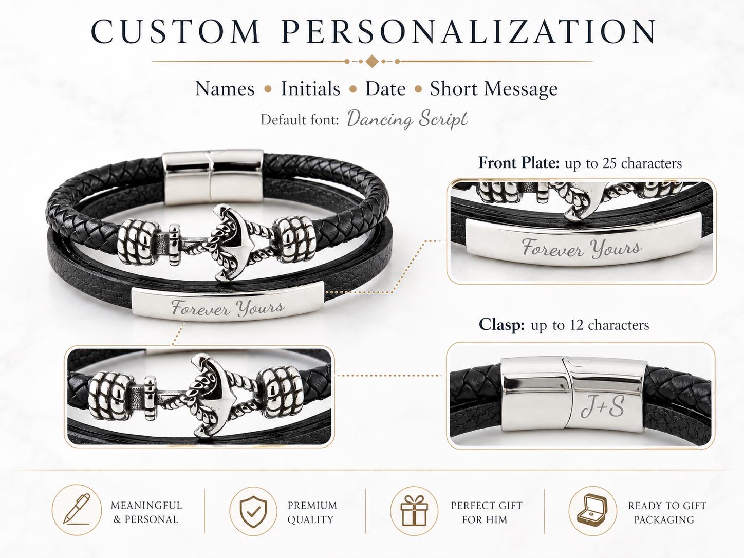 Men's black leather anchor bracelet