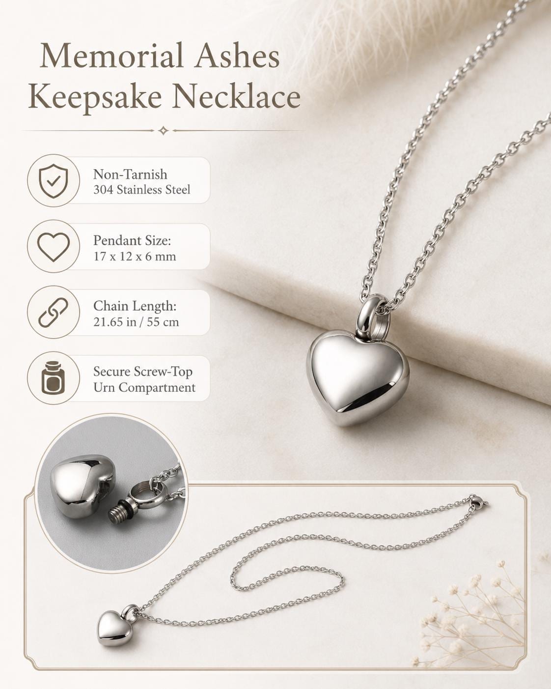 Heart urn necklace material and size infographic