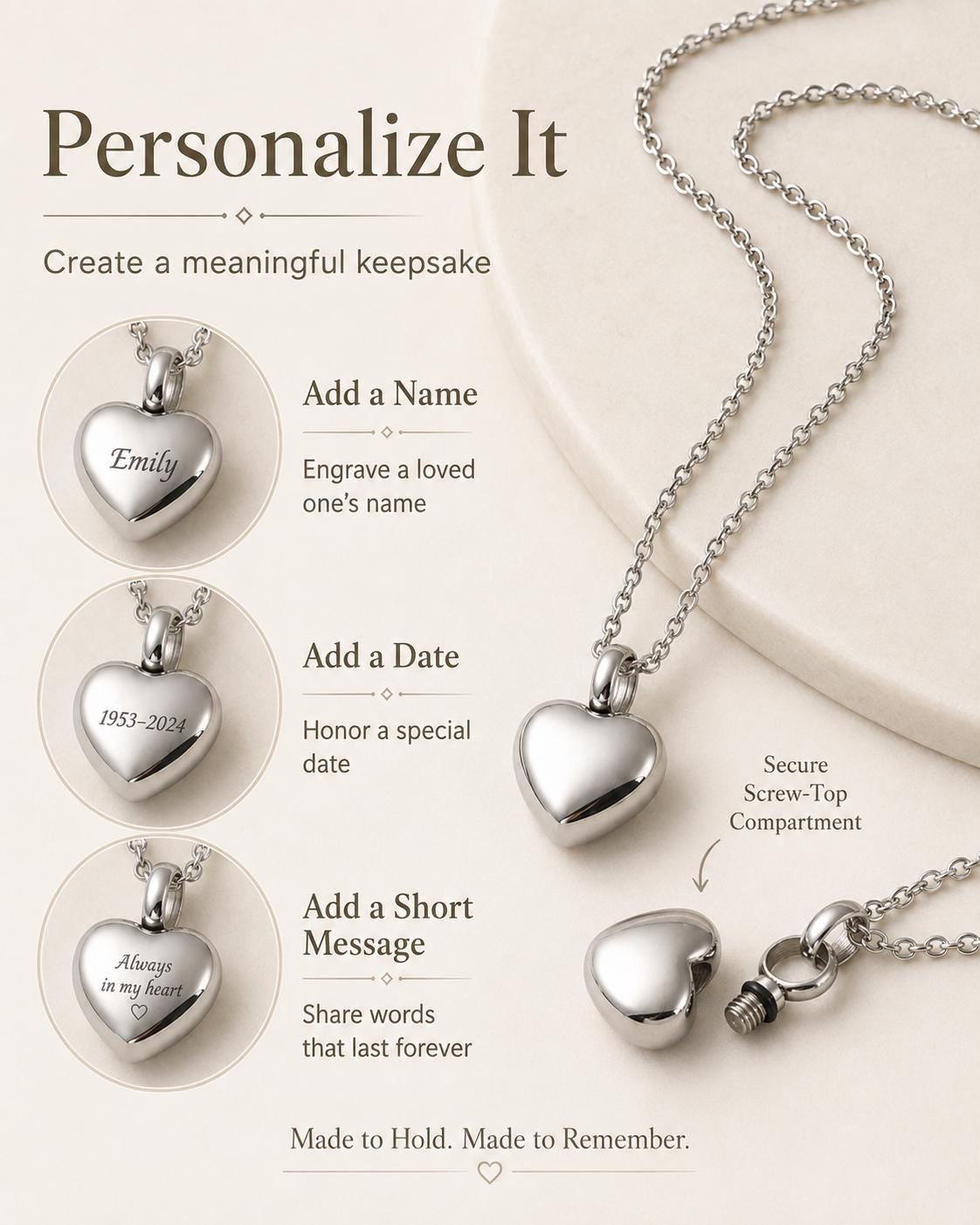 Heart urn necklace detail