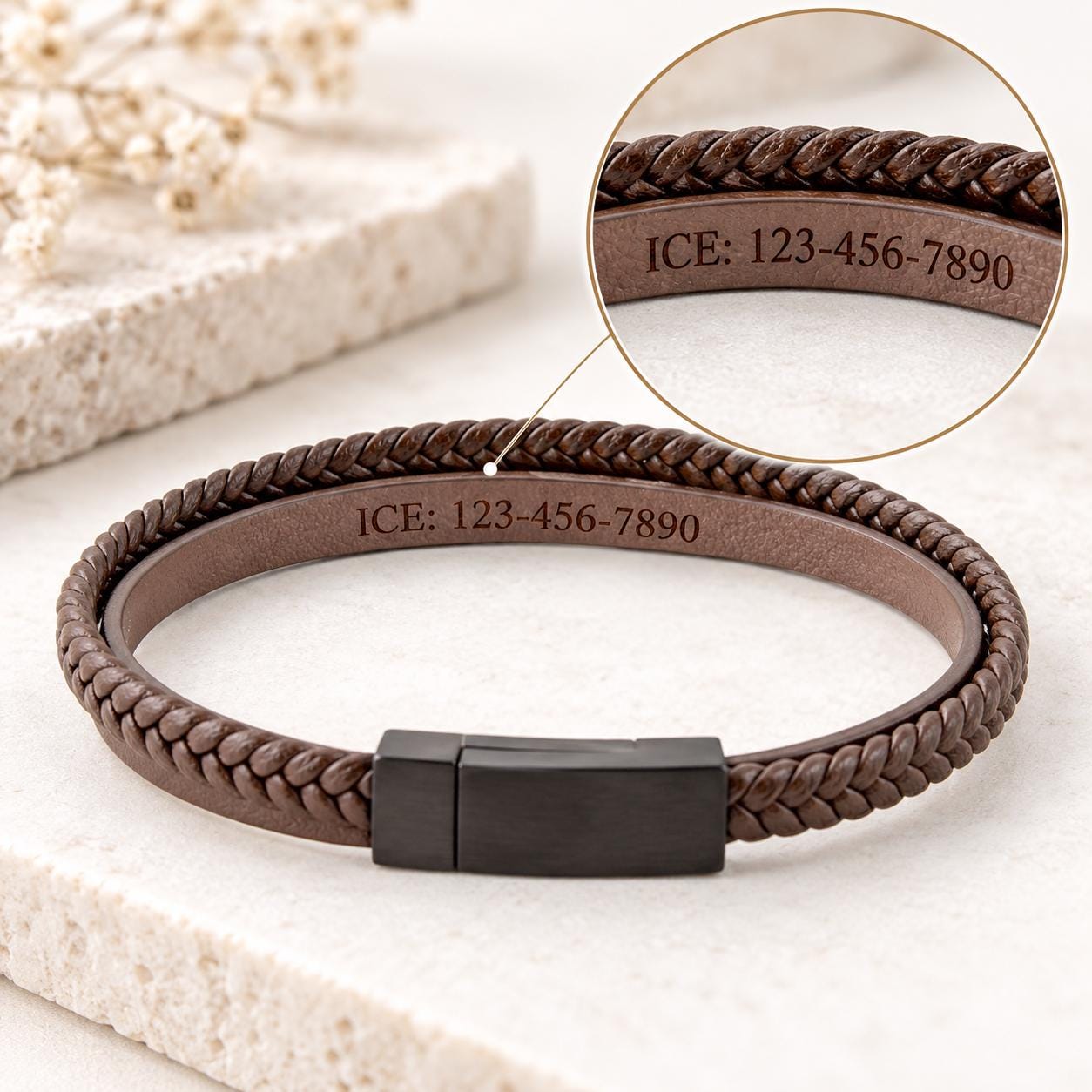 Inside leather medical ID bracelet with emergency contact engraving