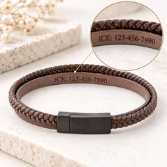 Inside leather medical ID bracelet with emergency contact engraving