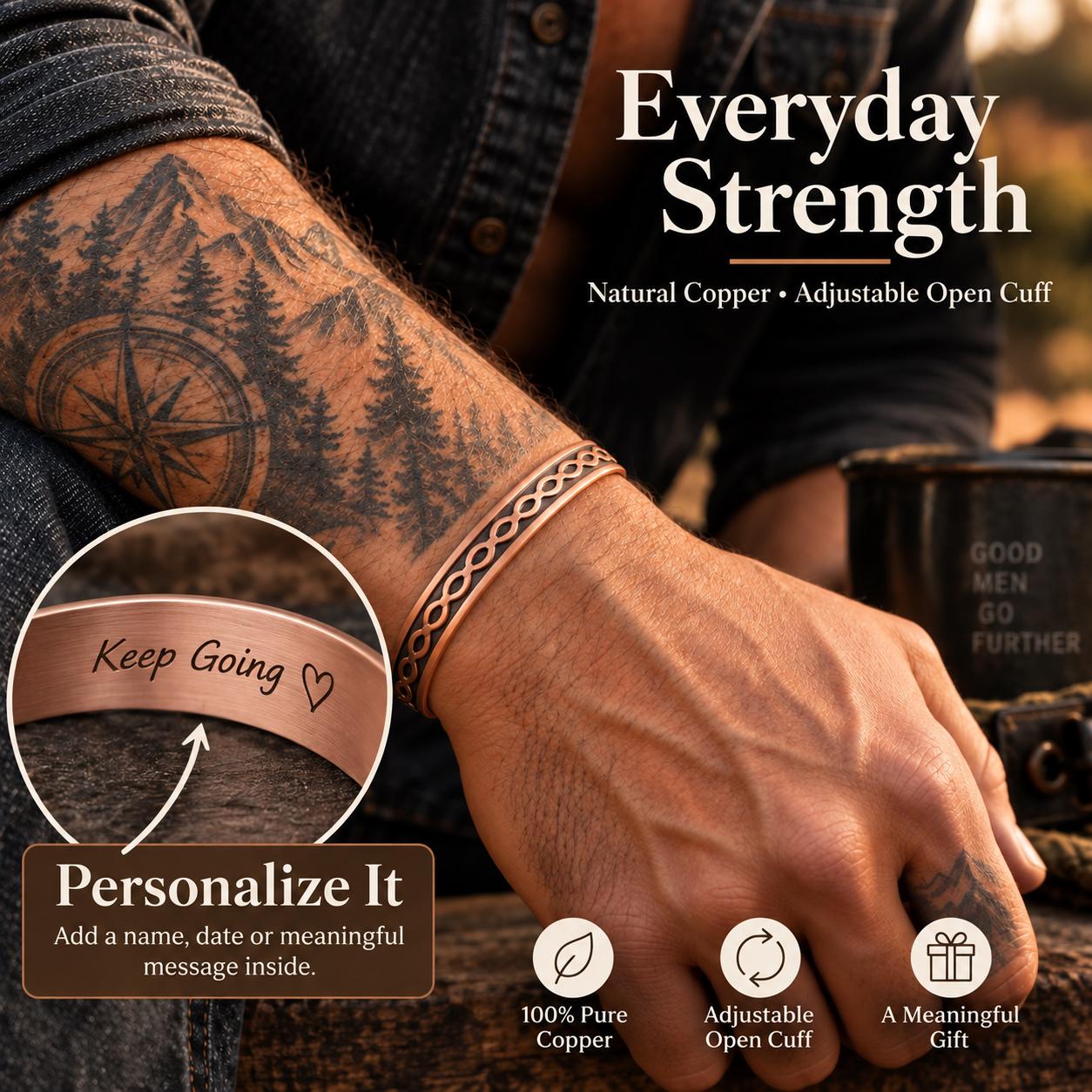 Man wearing pure copper infinity cuff