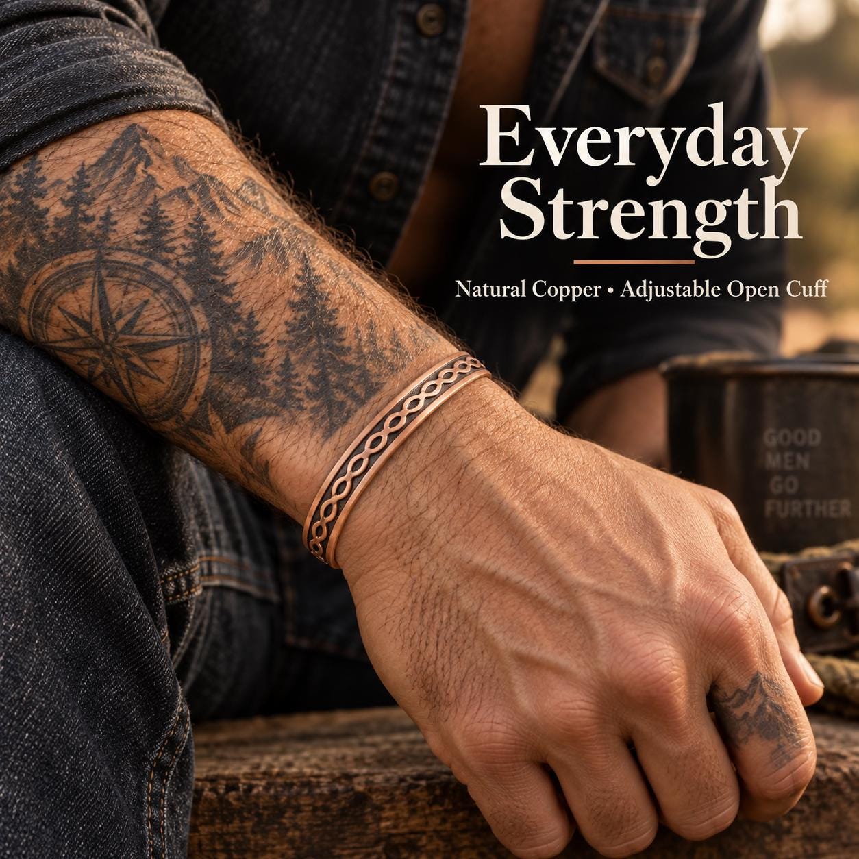 Man wearing copper infinity cuff