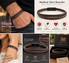 Personalized brown leather medical ID bracelet