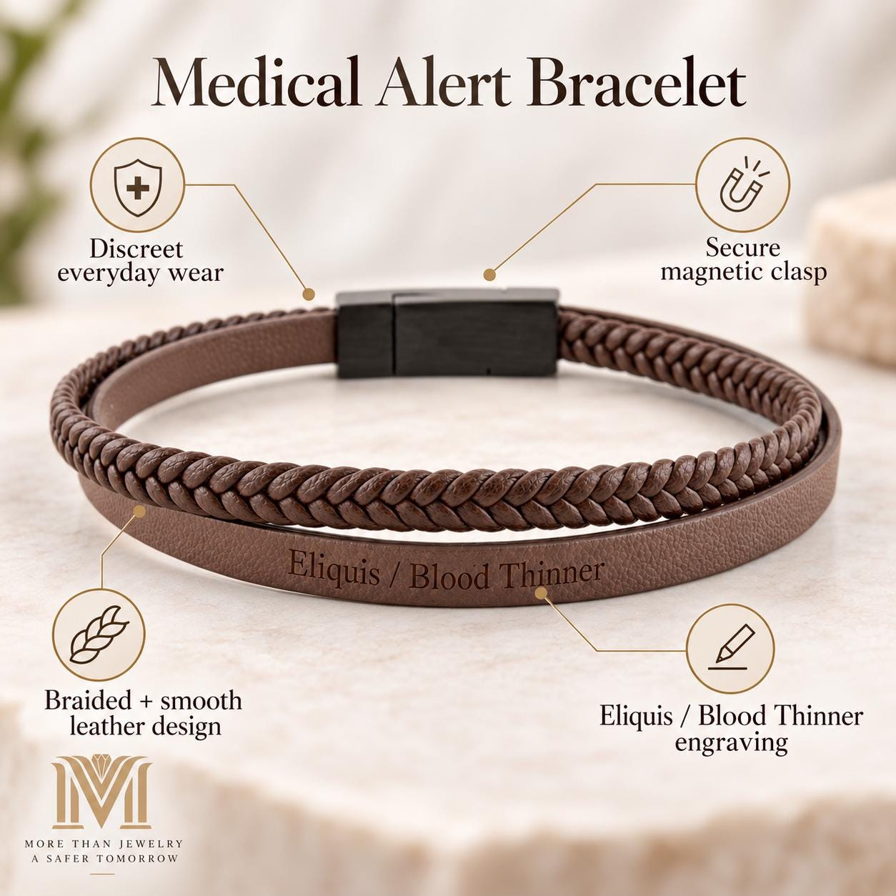 Braided leather bracelet with black magnetic clasp
