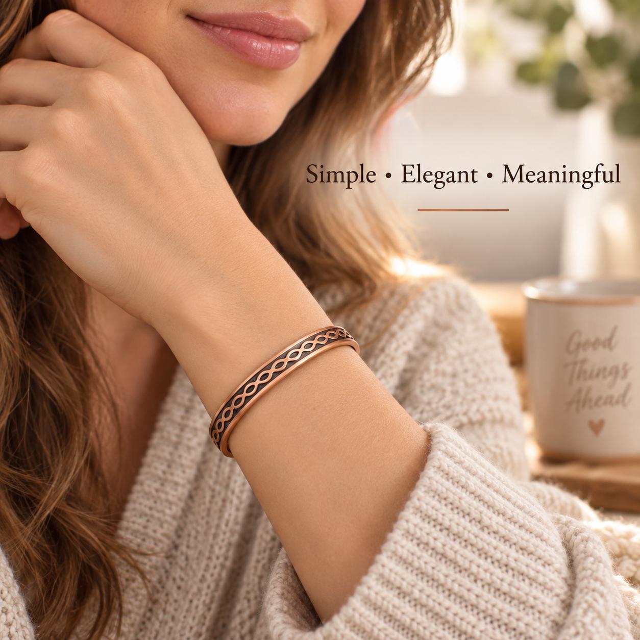 Woman wearing adjustable copper cuff
