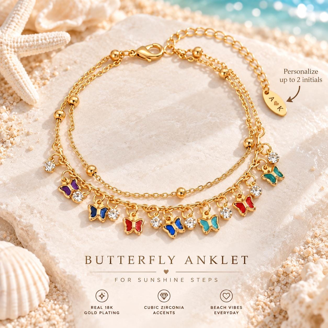 Personalized colorful butterfly anklet