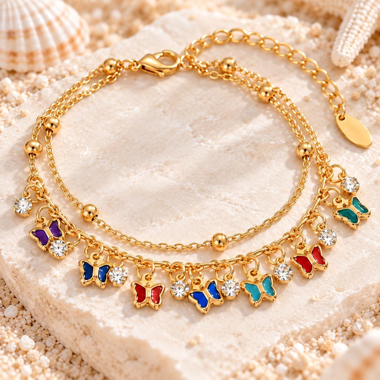 Gold double-layer butterfly anklet with CZ charms