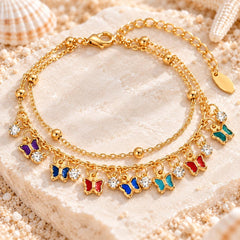 Gold double-layer butterfly anklet with CZ charms