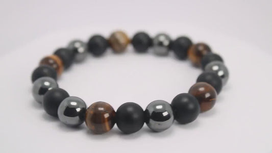 Power Trio: 10mm Tiger Eye, Onyx, and Hematite Bracelet for Strength and Balance