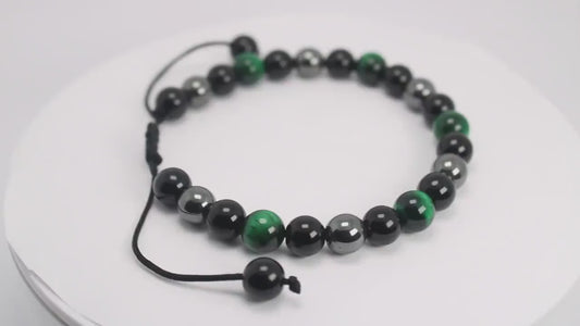 Adjustable Green Tiger Eye, Hematite, and Onyx Bracelet: Empowering Balance and Grounding