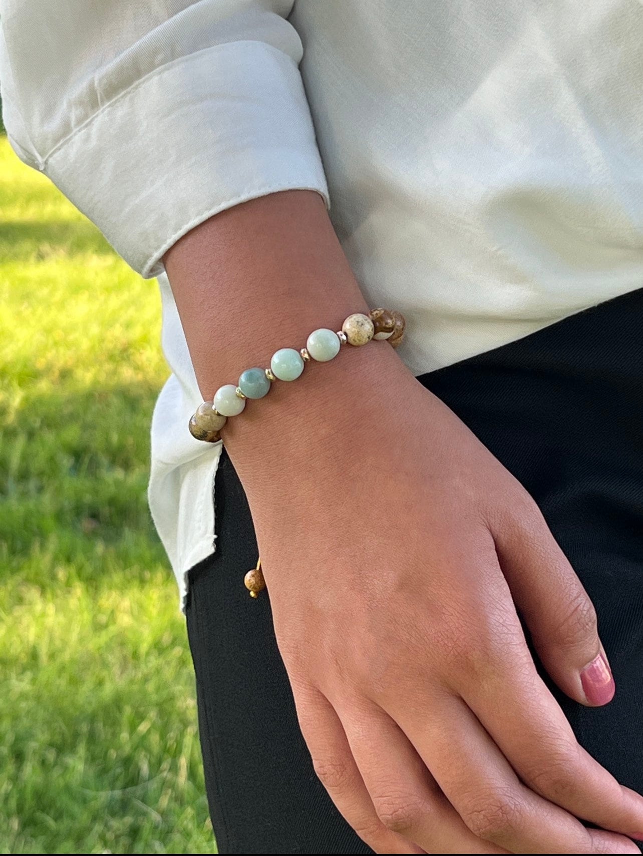 Amazonite bracelet, Picture Jasper Bracelet, anxiety relief, bracelet woman, beaded bracelet, Bracelet For Women, Natural, Adjustable