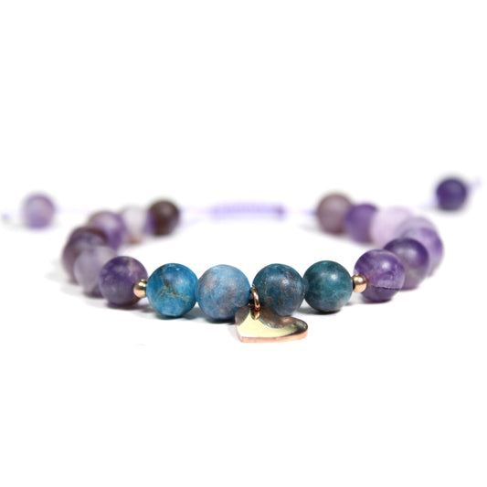 amethyst Bracelet and Apatite with Heart pendant, Frosted Amethyst, Heart charm, for women, women's bracelet, Amethyst Bracelet