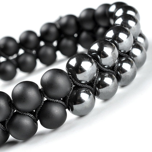 Dual Depths: Hematite and Onyx Double Layer Bracelet