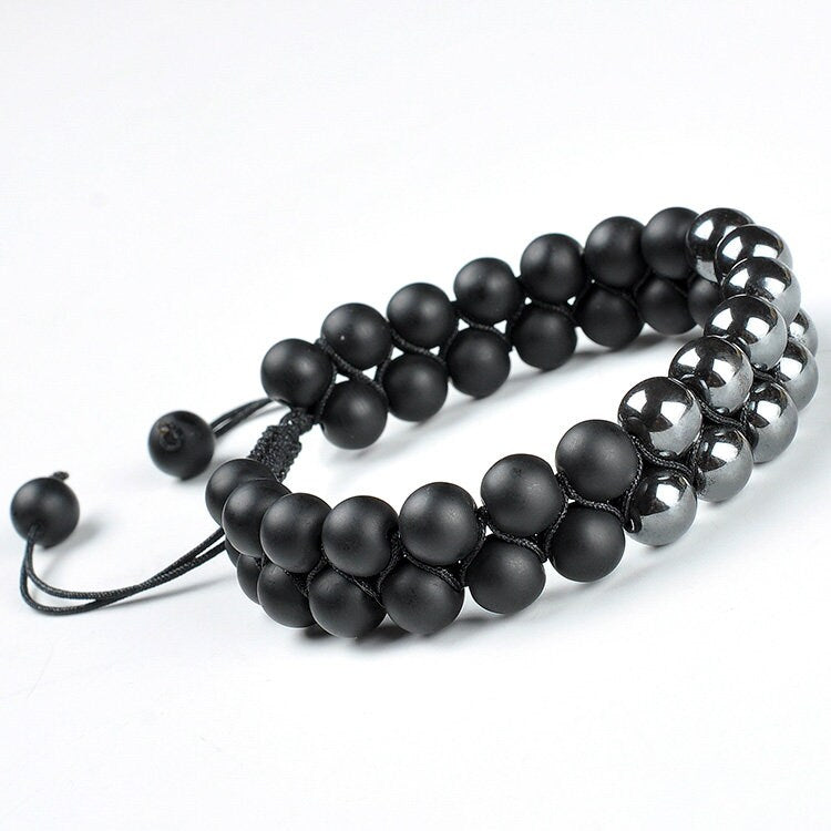 Dual Depths: Hematite and Onyx Double Layer Bracelet