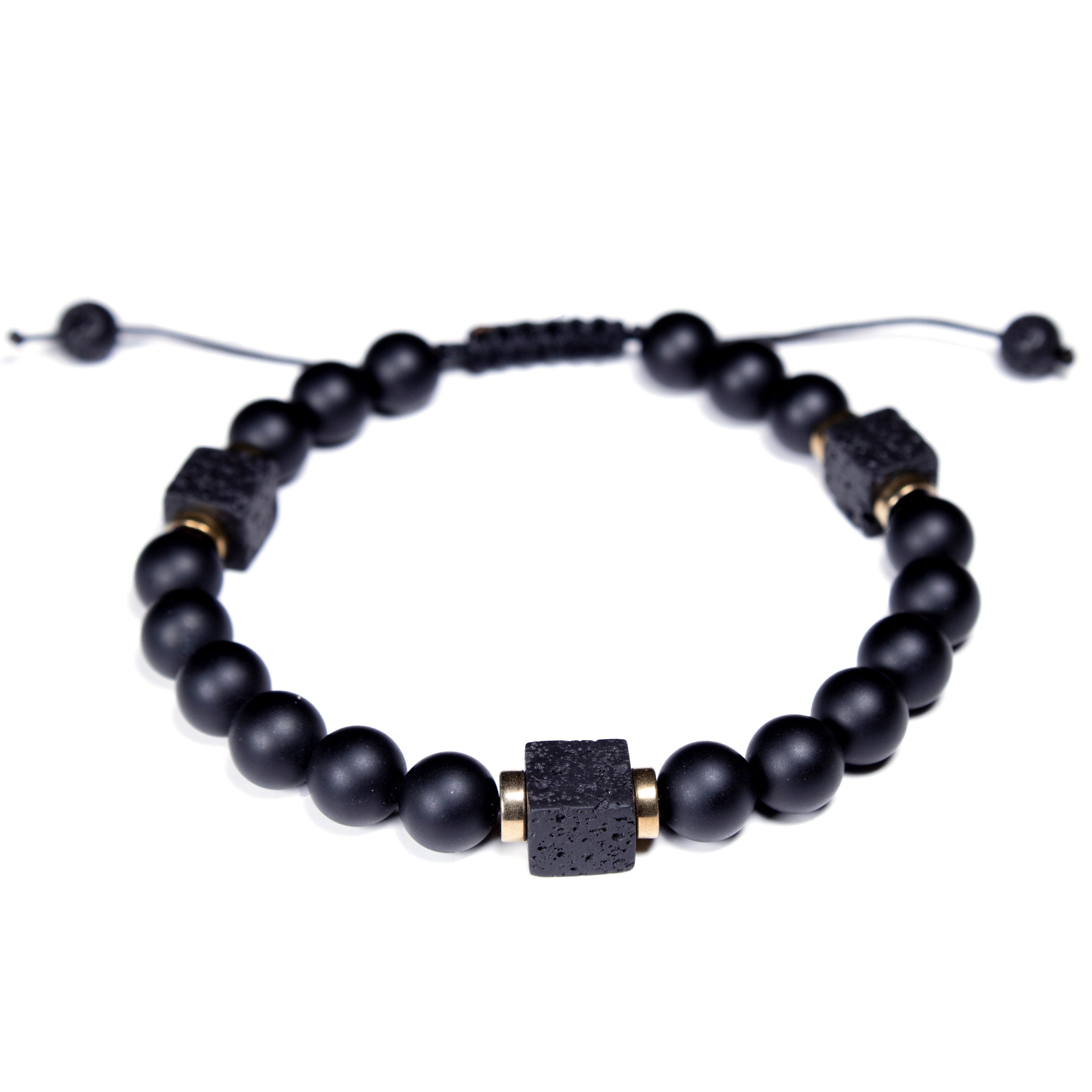 Unisex Black Onyx and Lava Stone Bracelet - Handcrafted Natural Gemstone Jewelry with Matte Beads for Men and Women - Square Cube Stone