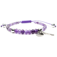 Natural amethyst bracelet Power mini 4mm and 6mm, key and lock heart pendant, amethyst crystal bracelet, amethyst bracelet for women, beaded