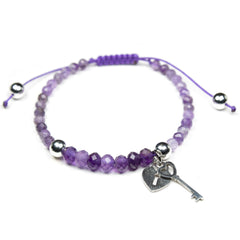 Natural amethyst bracelet Power mini 4mm and 6mm, key and lock heart pendant, amethyst crystal bracelet, amethyst bracelet for women, beaded