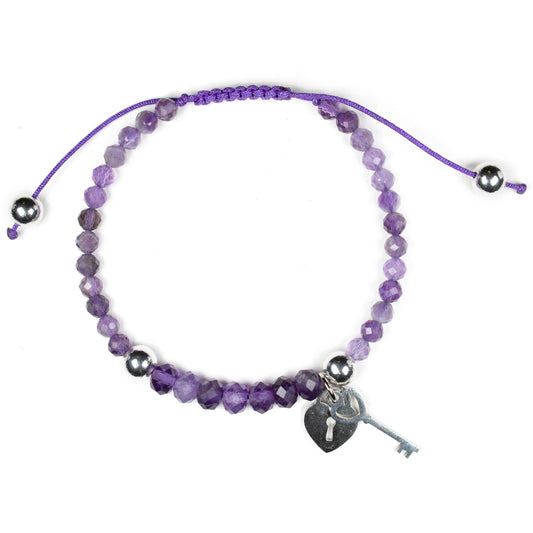 Natural amethyst bracelet Power mini 4mm and 6mm, key and lock heart pendant, amethyst crystal bracelet, amethyst bracelet for women, beaded