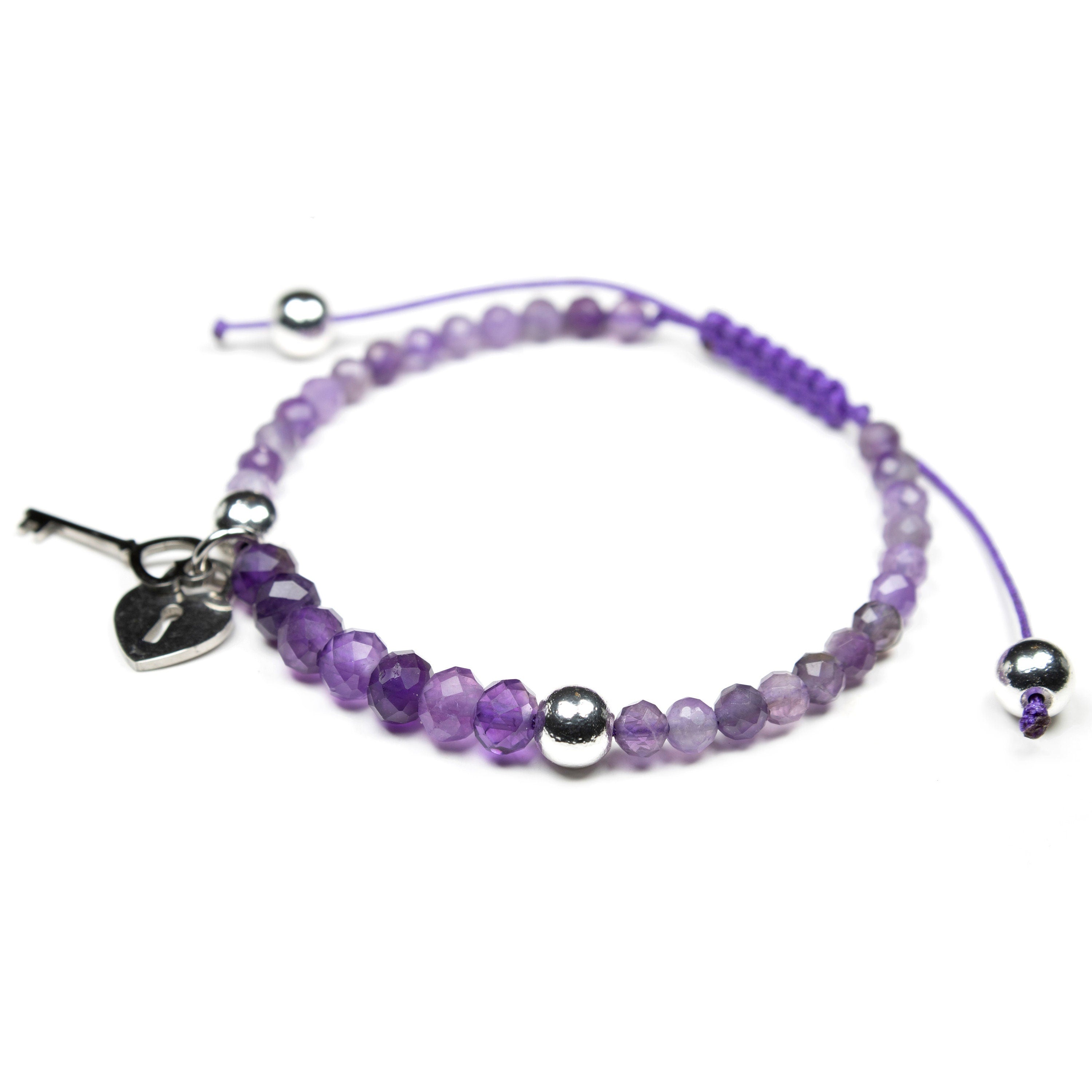 Natural amethyst bracelet Power mini 4mm and 6mm, key and lock heart pendant, amethyst crystal bracelet, amethyst bracelet for women, beaded