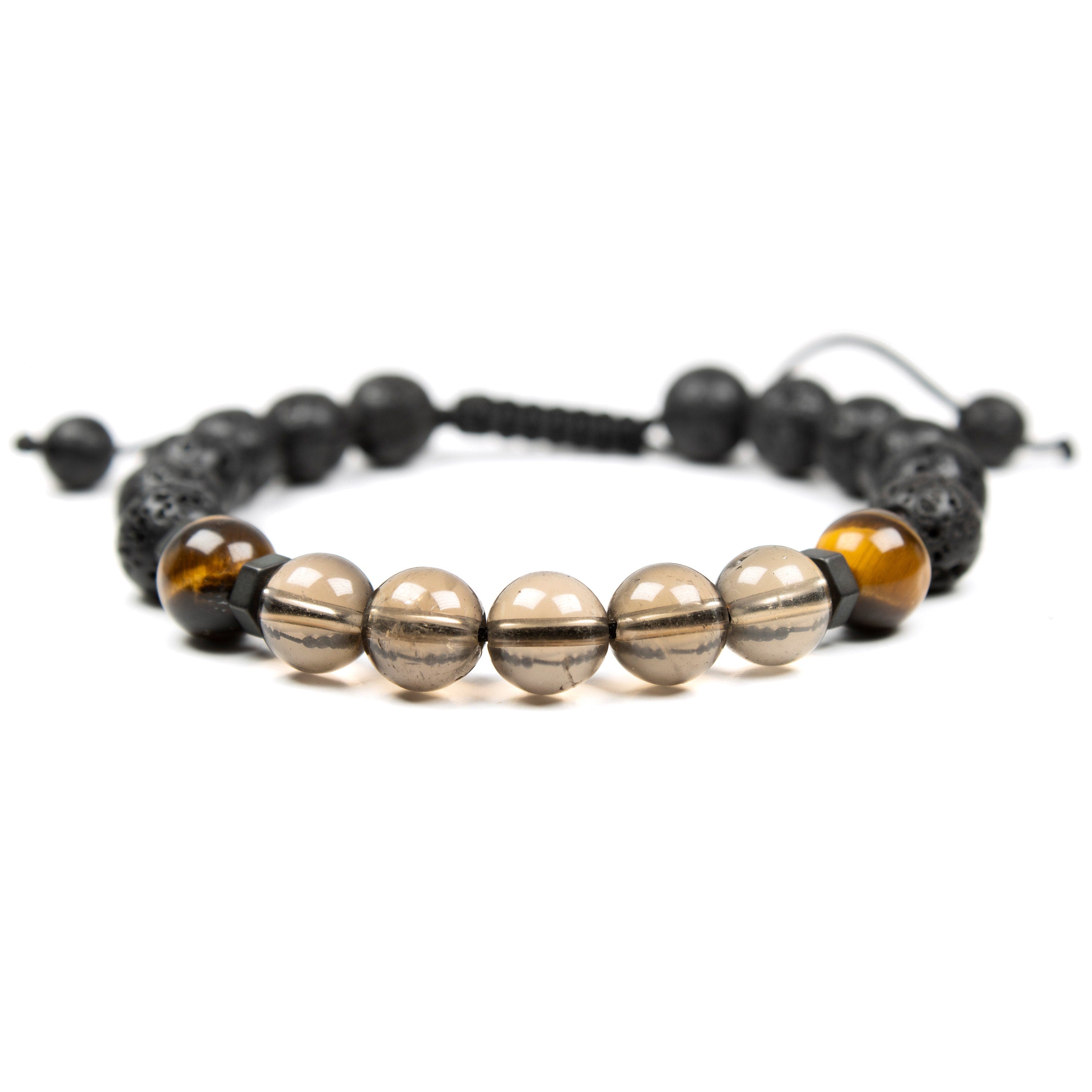 Smoky quartz crystal bracelet with Tigers eye and Lava, Natural, Oil diffuser Bracelet, for Men & Women, stress negative emotions relief