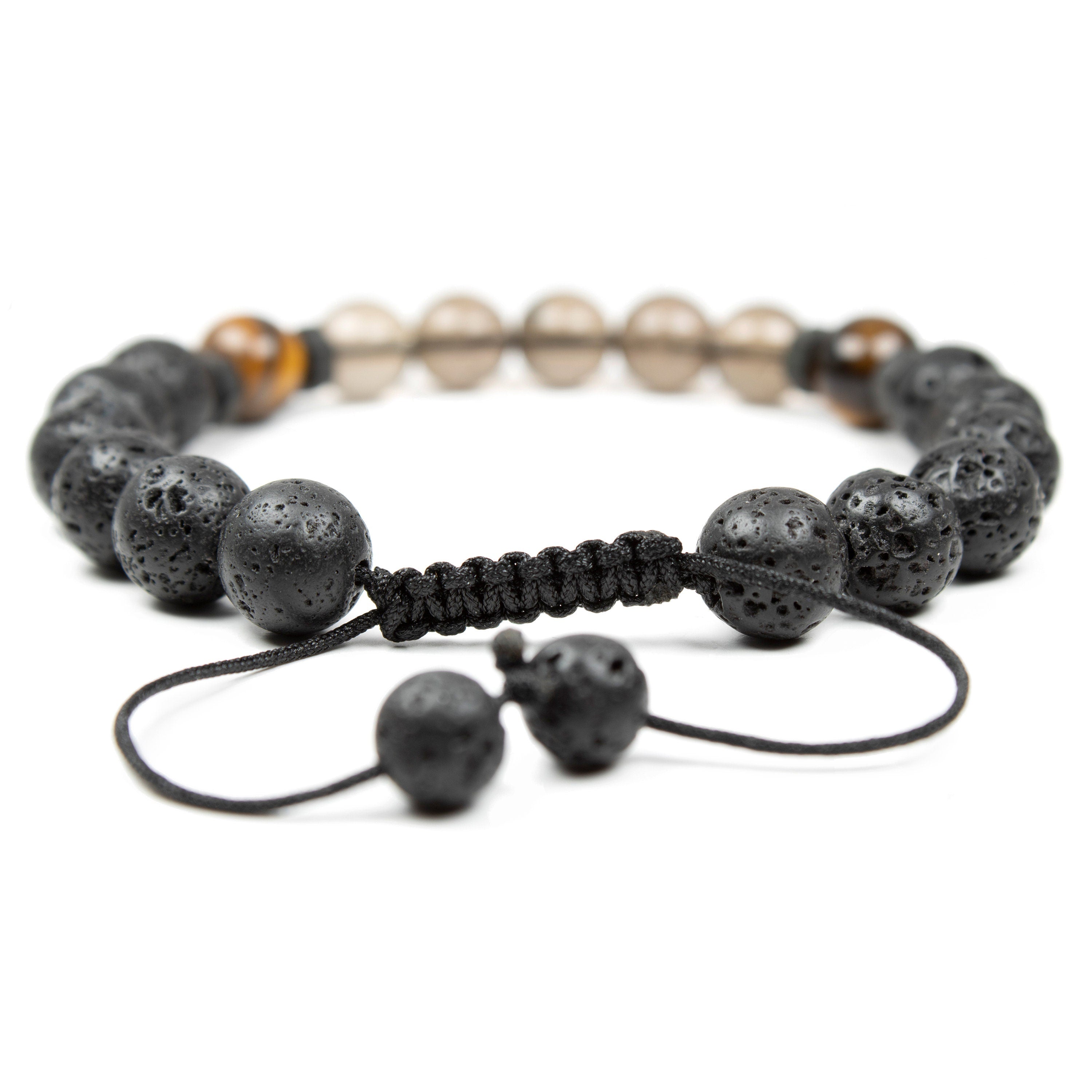 Smoky quartz crystal bracelet with Tigers eye and Lava, Natural, Oil diffuser Bracelet, for Men & Women, stress negative emotions relief