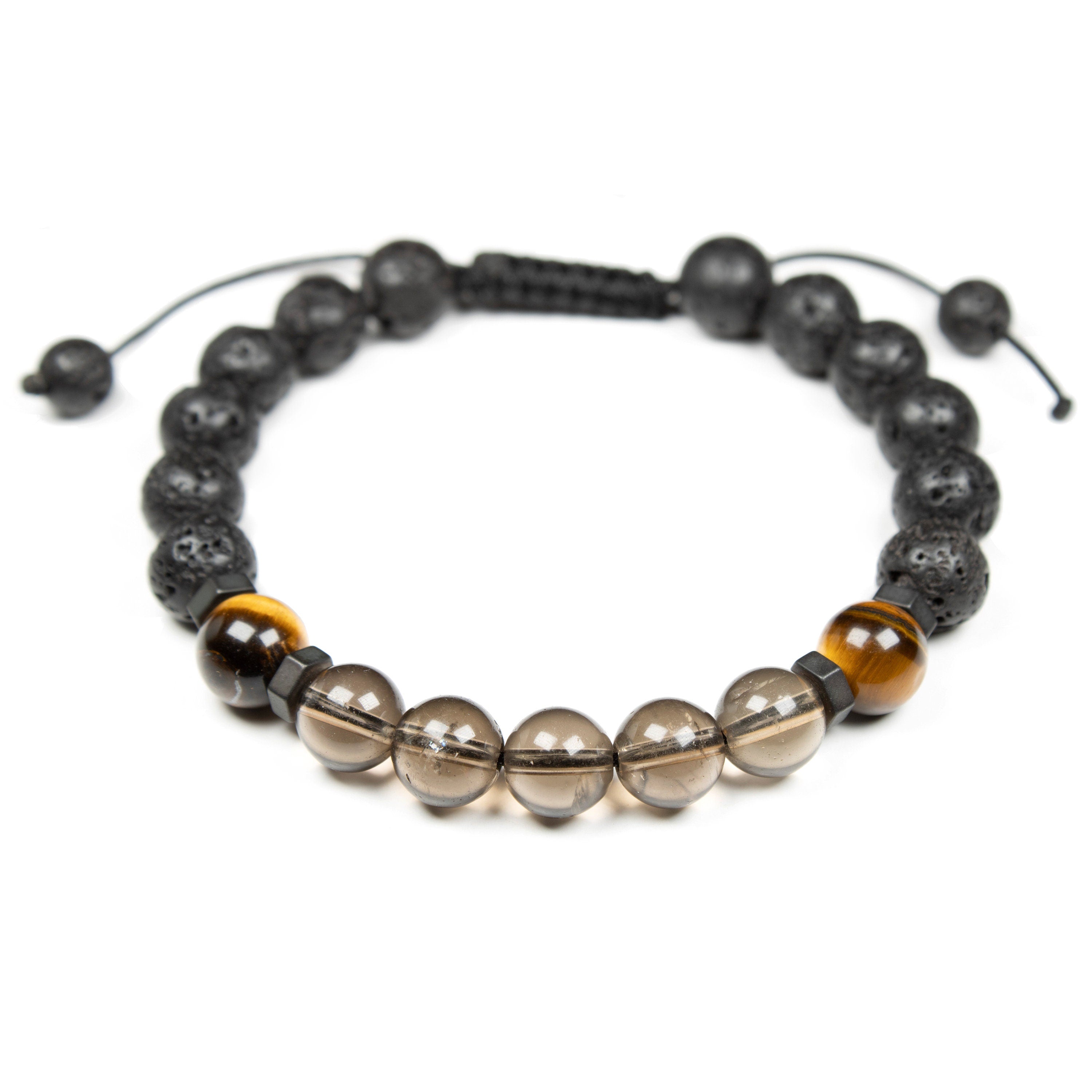 Smoky quartz crystal bracelet with Tigers eye and Lava, Natural, Oil diffuser Bracelet, for Men & Women, stress negative emotions relief