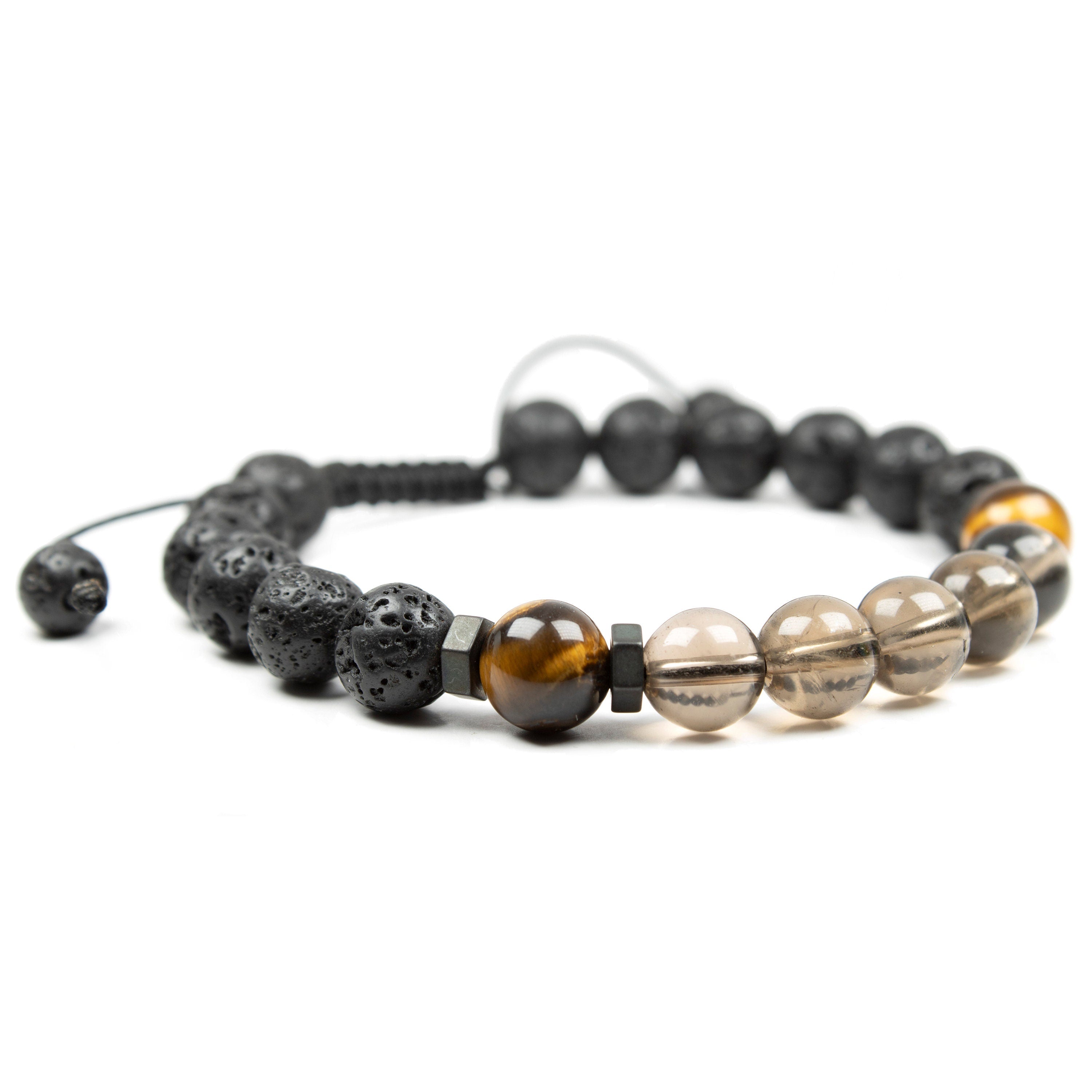 Smoky quartz crystal bracelet with Tigers eye and Lava, Natural, Oil diffuser Bracelet, for Men & Women, stress negative emotions relief