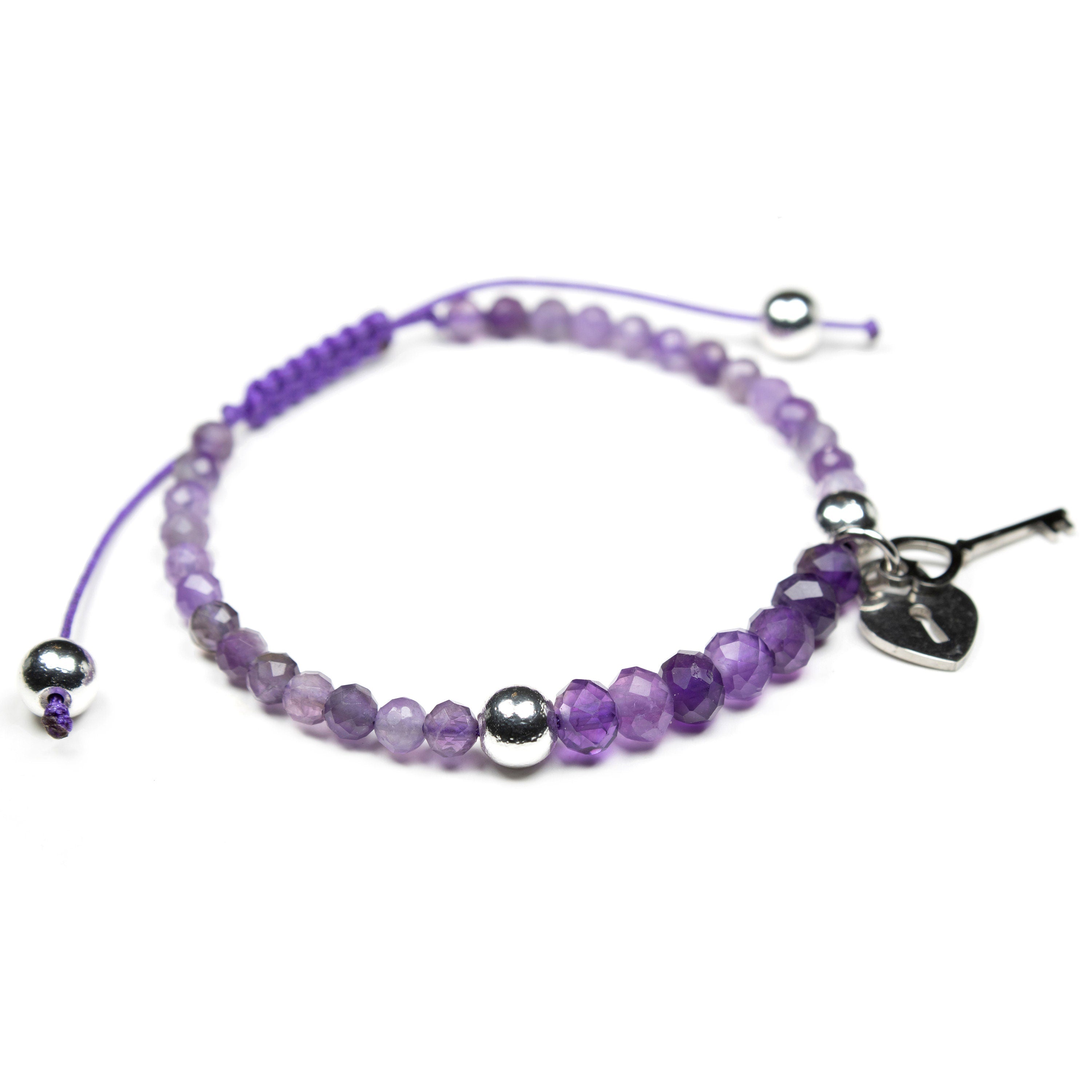 Natural amethyst bracelet Power mini 4mm and 6mm, key and lock heart pendant, amethyst crystal bracelet, amethyst bracelet for women, beaded