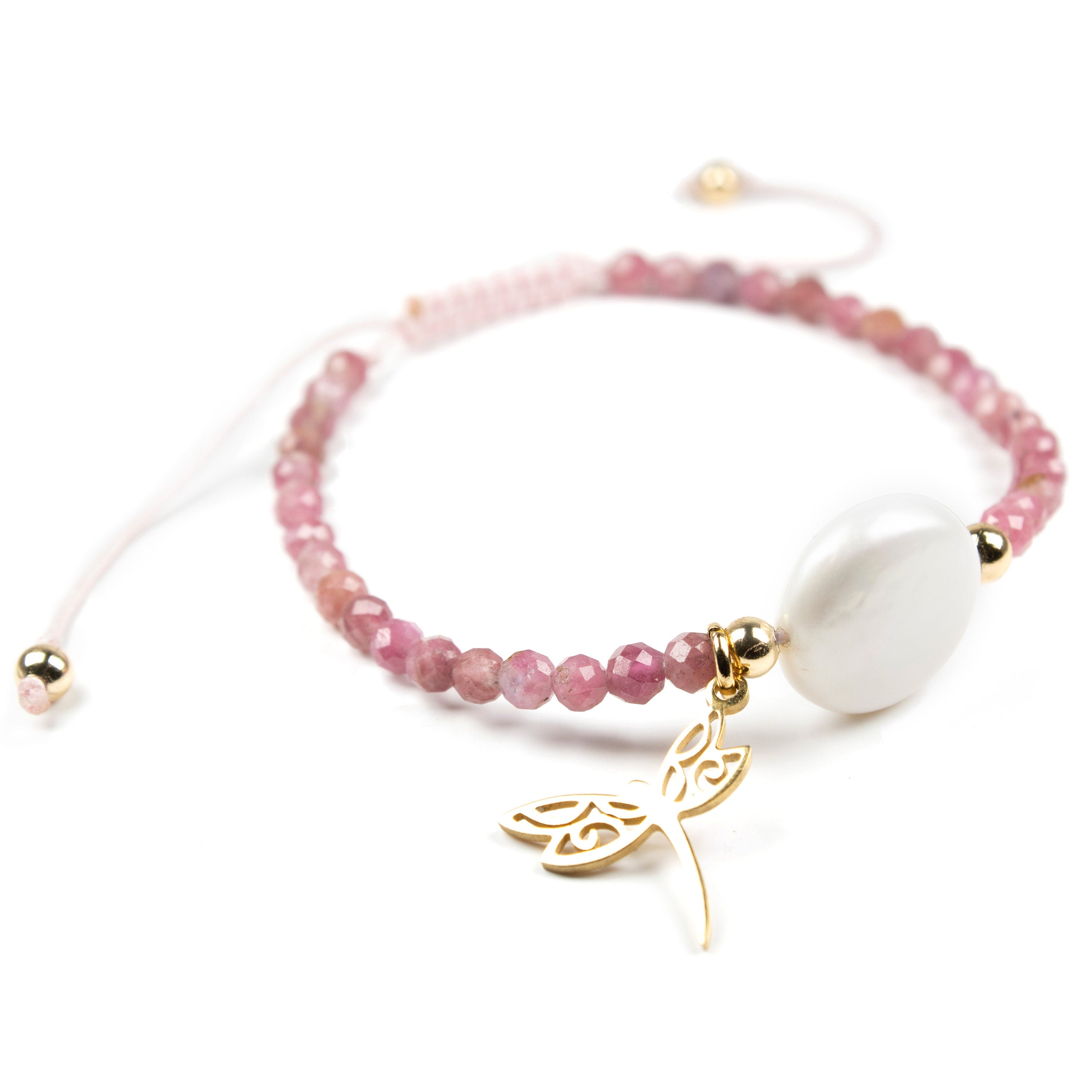 Natural Tourmaline and Pearl bracelet for women & girls, Butterfly charm, pink tourmaline, real Pearl bracelets, beads jewelry, gemstone