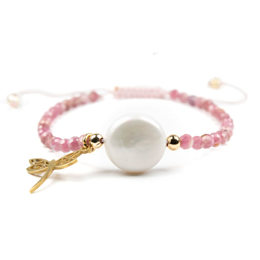 Natural Tourmaline and Pearl bracelet for women & girls, Butterfly charm, pink tourmaline, real Pearl bracelets, beads jewelry, gemstone