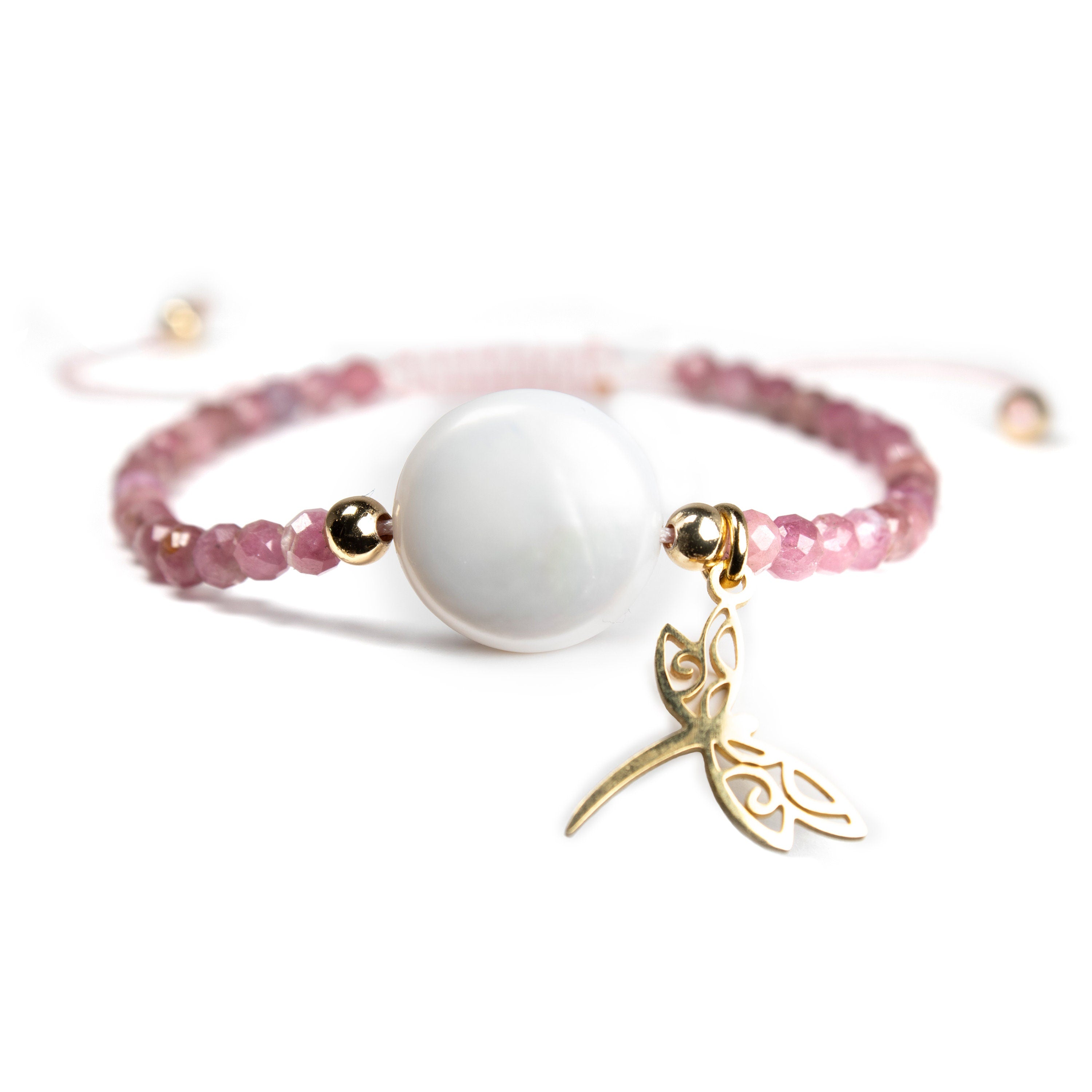 Natural Tourmaline and Pearl bracelet for women & girls, Butterfly charm, pink tourmaline, real Pearl bracelets, beads jewelry, gemstone