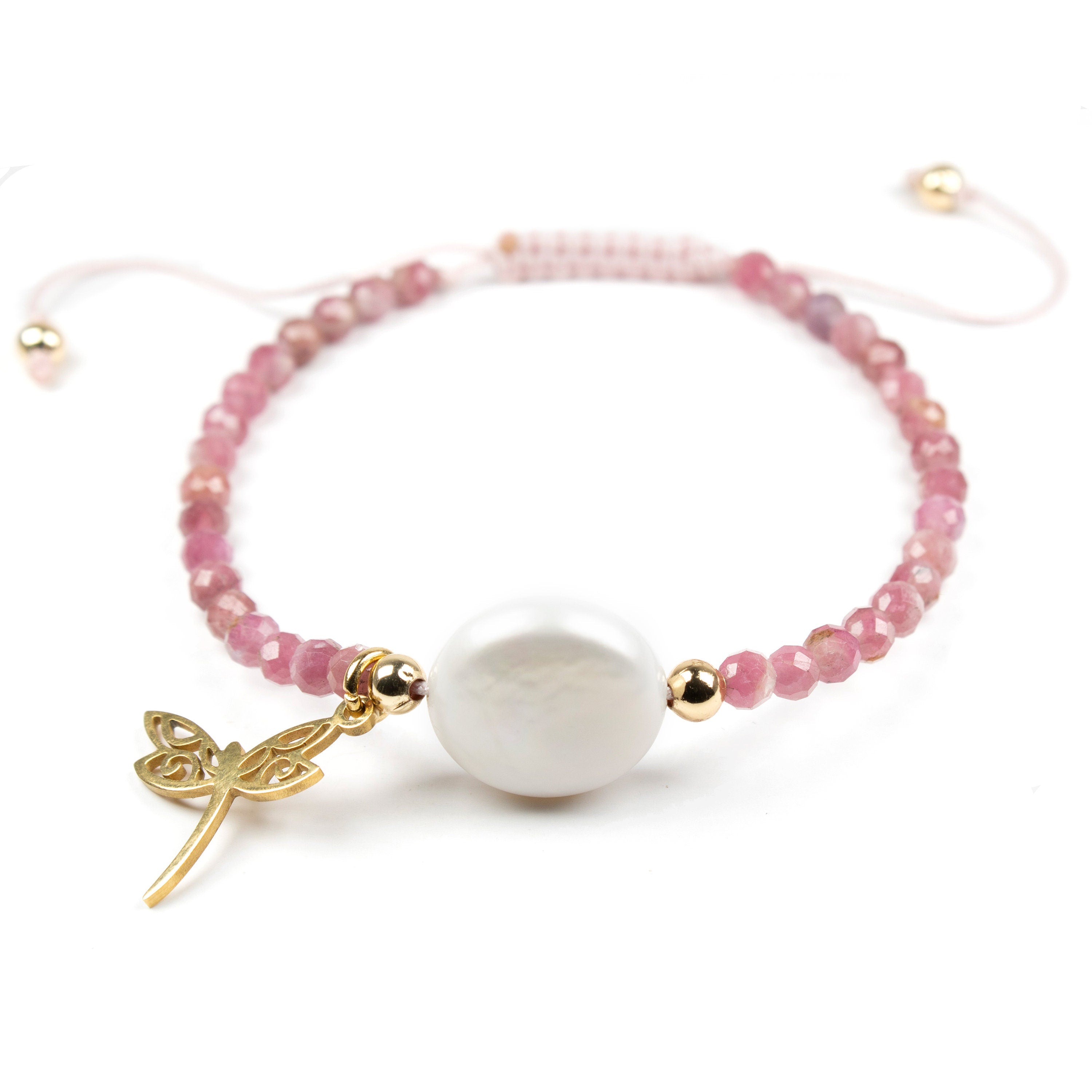 Natural Tourmaline and Pearl bracelet for women & girls, Butterfly charm, pink tourmaline, real Pearl bracelets, beads jewelry, gemstone