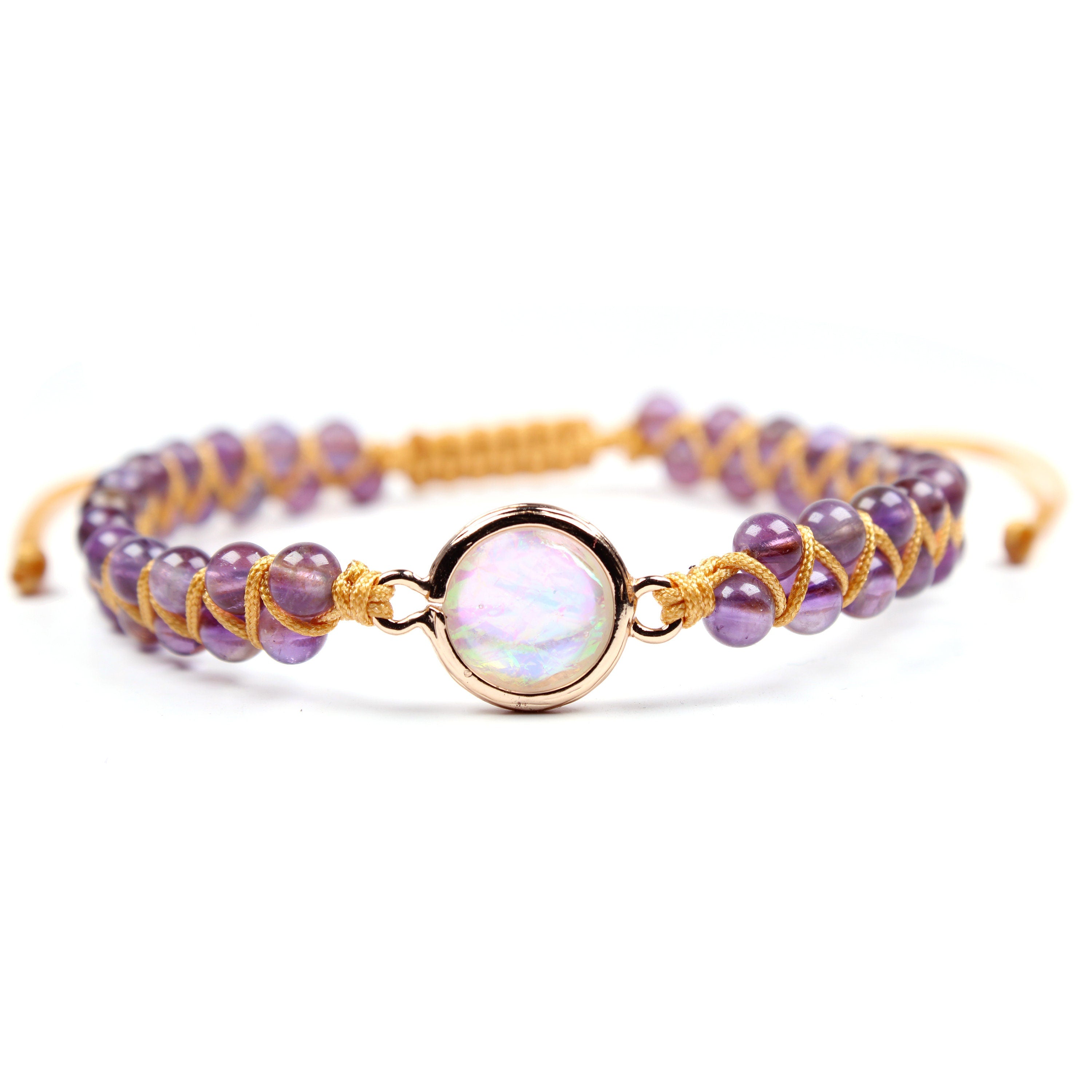 Amethyst and Opal Bracelet for Women, Amethyst Bracelet, Adjustable Bracelet, Natural 6mm Amethyst, Womens beaded Bracelet, Femme Bracelet