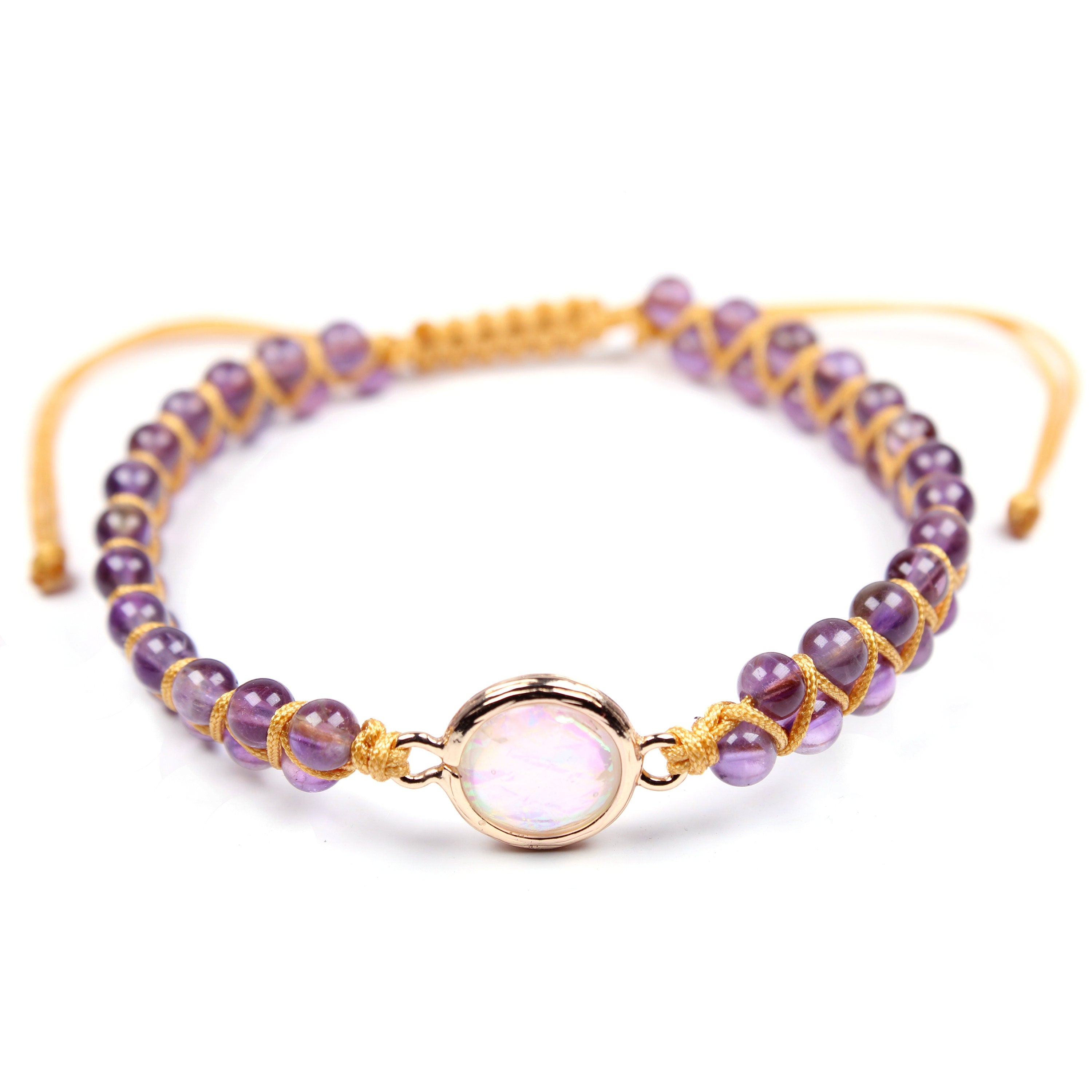 Amethyst and Opal Bracelet for Women, Amethyst Bracelet, Adjustable Bracelet, Natural 6mm Amethyst, Womens beaded Bracelet, Femme Bracelet