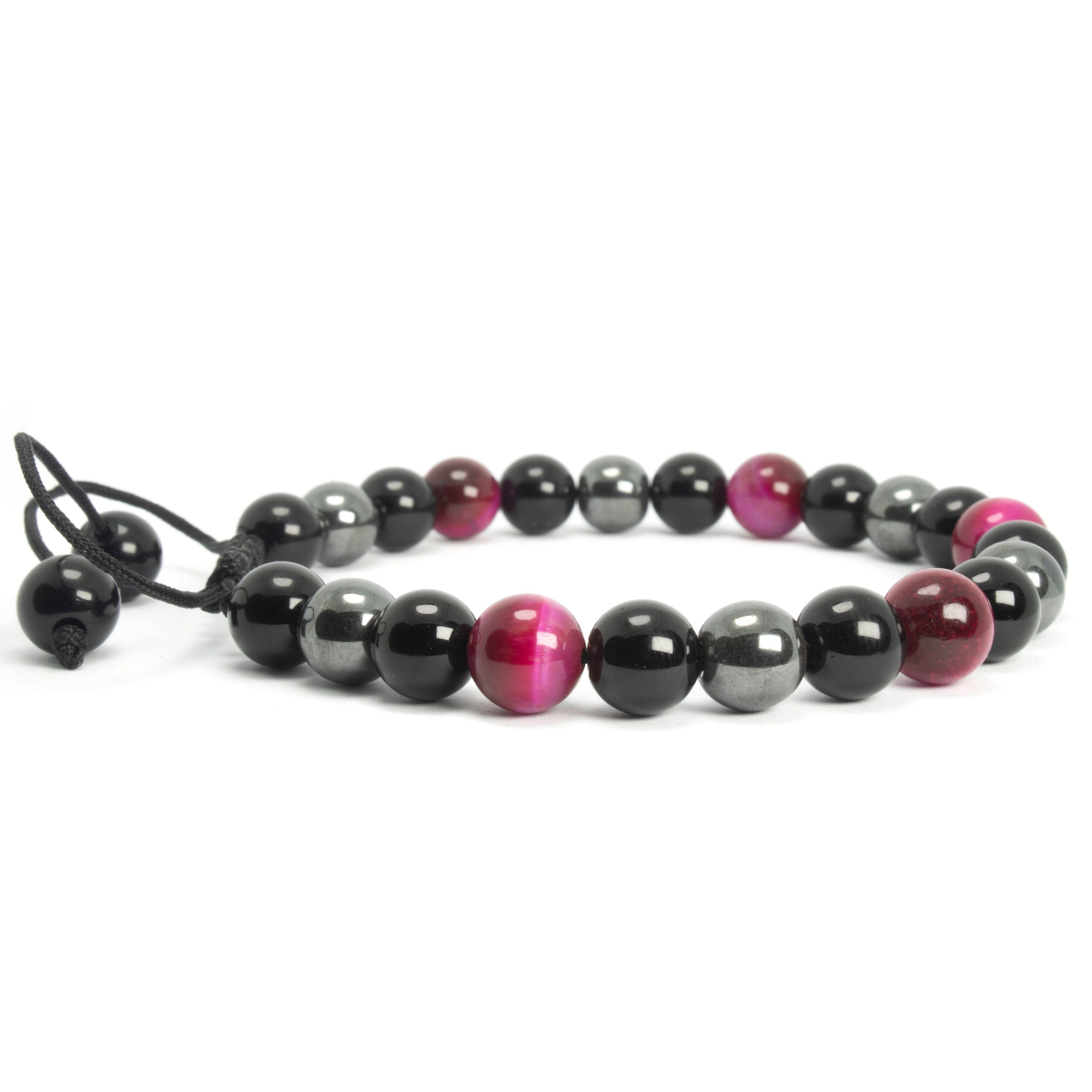 Pink Tiger Eye, Hematite, and Onyx Adjustable Bracelet, 8mm Radiant Harmony - for Men & Women