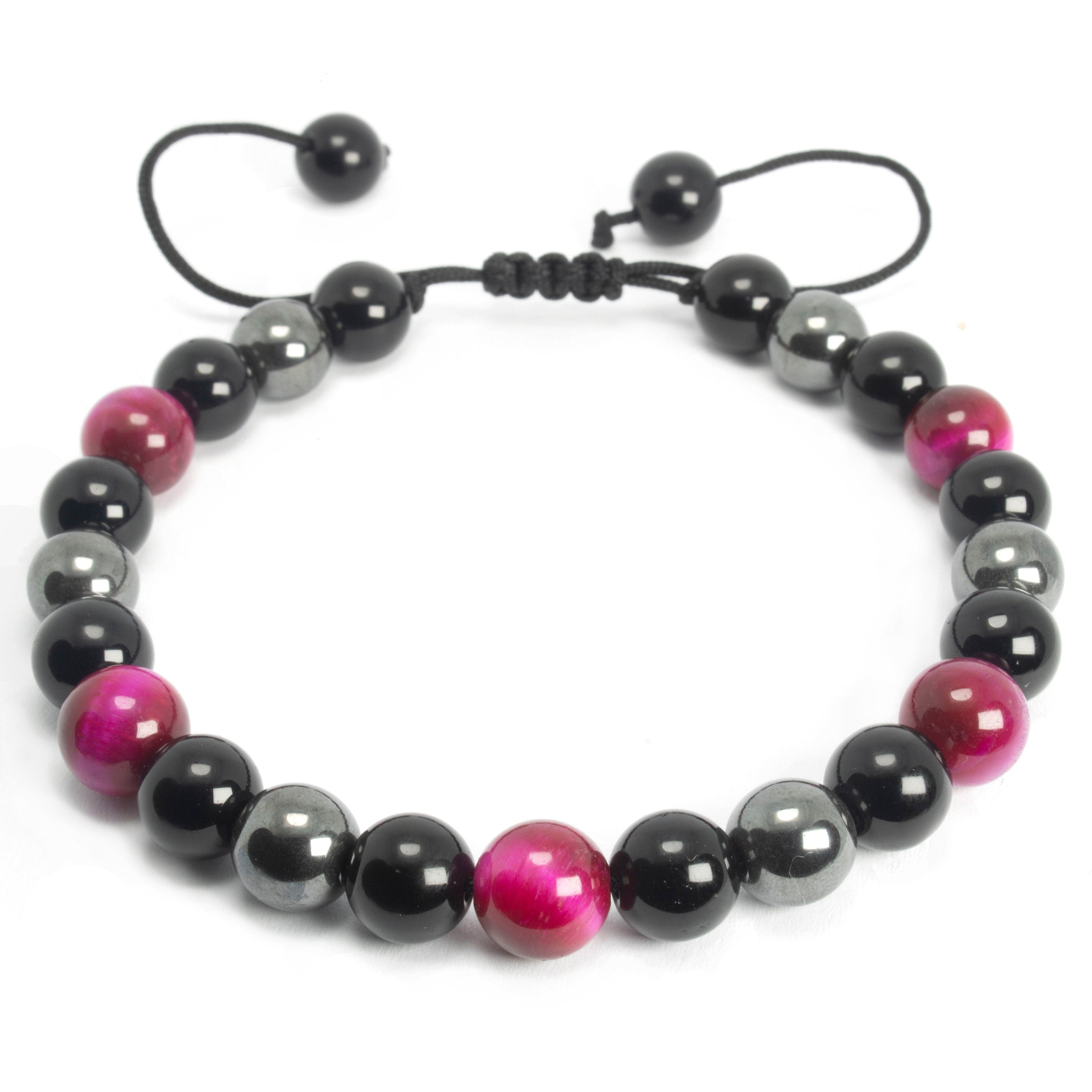 Pink Tiger Eye, Hematite, and Onyx Adjustable Bracelet, 8mm Radiant Harmony - for Men & Women